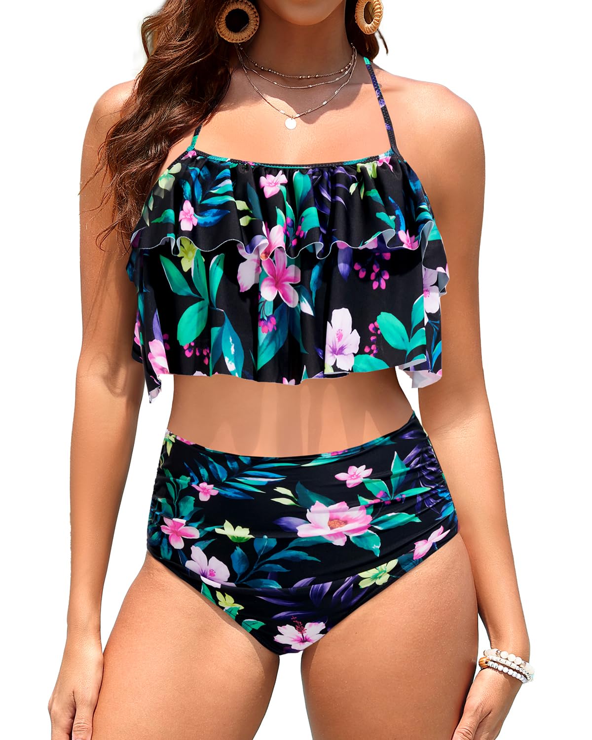 Photo 1 of Tempt Me Women Floral Two Piece Swimsuits High Waisted Bikini Teen Ruffle Tummy Control Bottoms Halter Bathing Suits XL