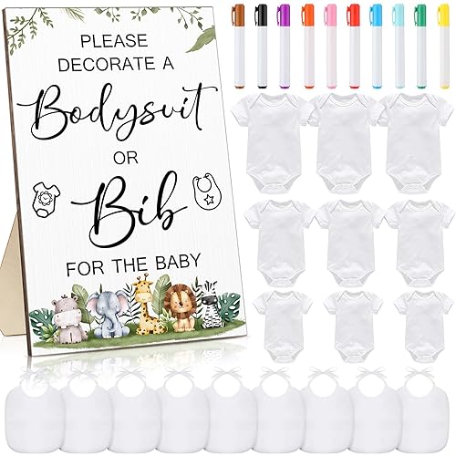 35 piezas de juegos de baby shower, diseño de baberos de bebé, letrero de madera para baby shower, letrero de bricolaje, 15 baberos blancos en