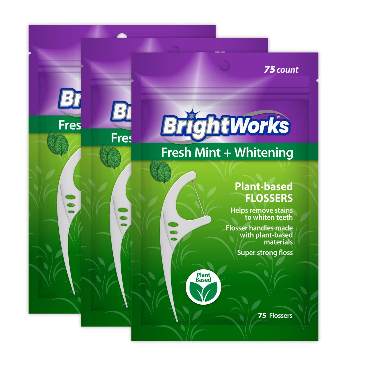 225 Piece BrightWorks Fresh Mint + Whitening Dental Flossers with Plant-Based Handles, Super-Strong Floss and Mint-Flavored Floss with Micro-Crystals,