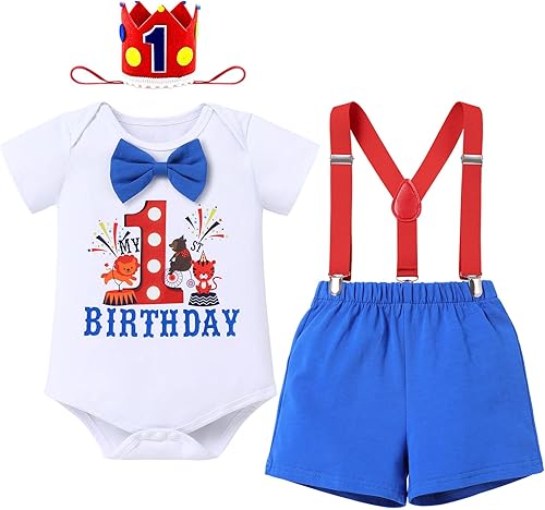 IBTOM CASTLE Disfraz con temática de carnaval de circo para primer cumpleaños para bebé niño tirantes sombrero con corbatín y accesorios para fotos
