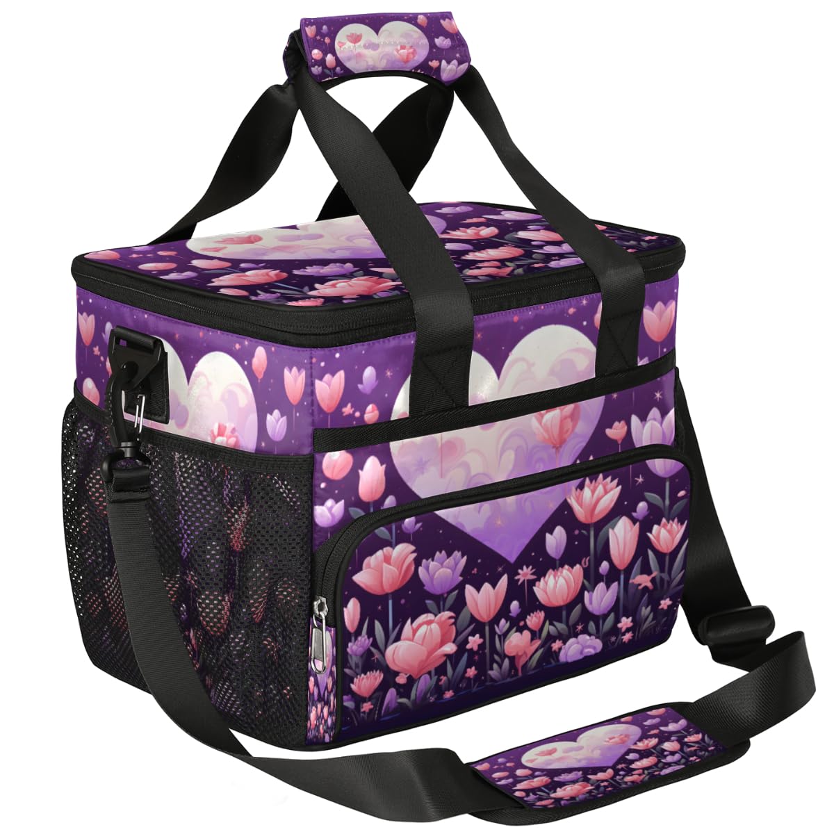 Flowers Insulated Picnic Backpack Lunch Box for Women Men Picnic Basket Tote Lunch Bag Picnic Bag Portable Lunch Bags for Picnic, Beach, Work, Trip,Office, Camp Florals with Heart