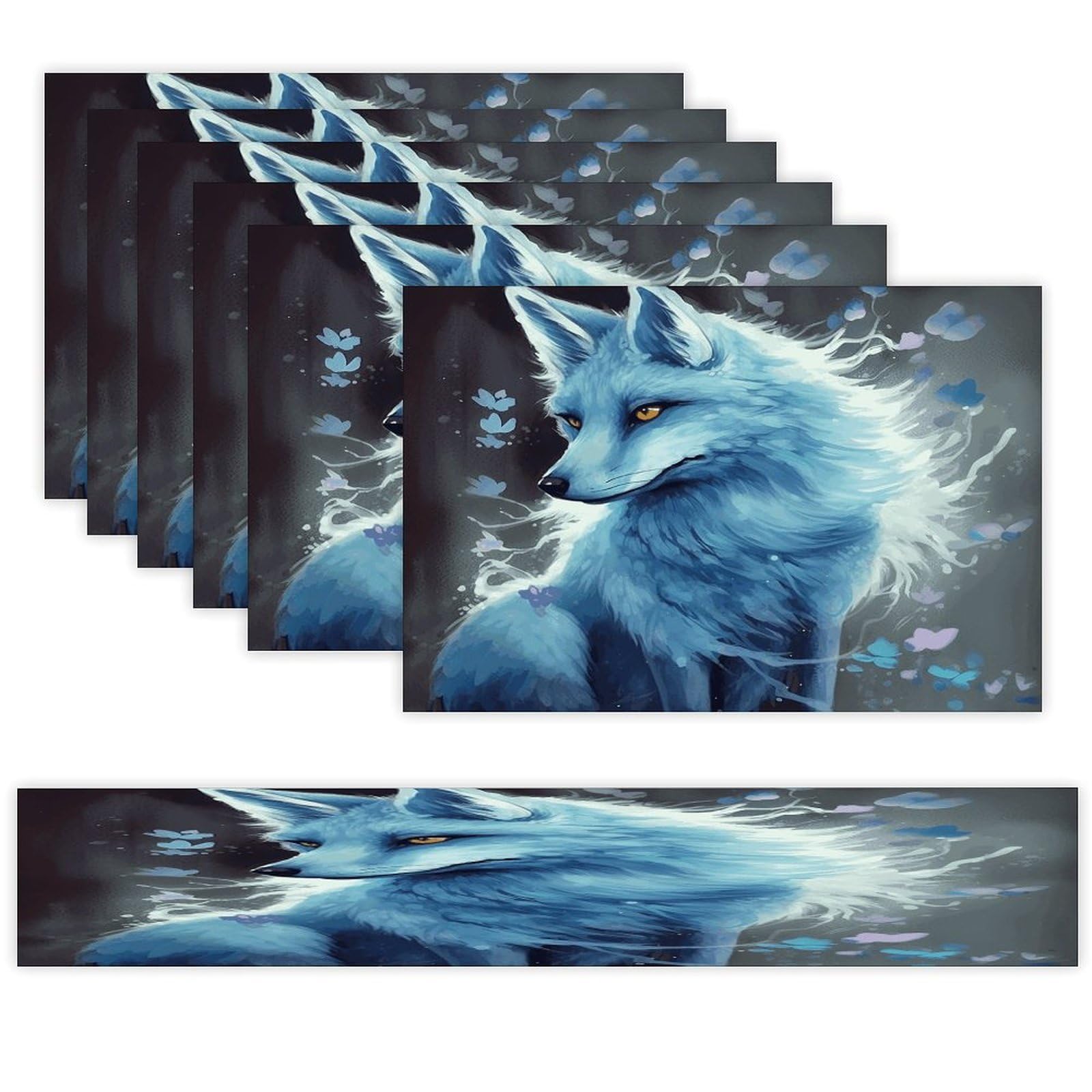 Blue Fox Table Runner and Placemats Set of 6 for Kitchen Washable Table Mats Heat Resistant Place Mats Non-Slip Place Mat Wipeable Placemat(6 Placemats+1 Table Runner)