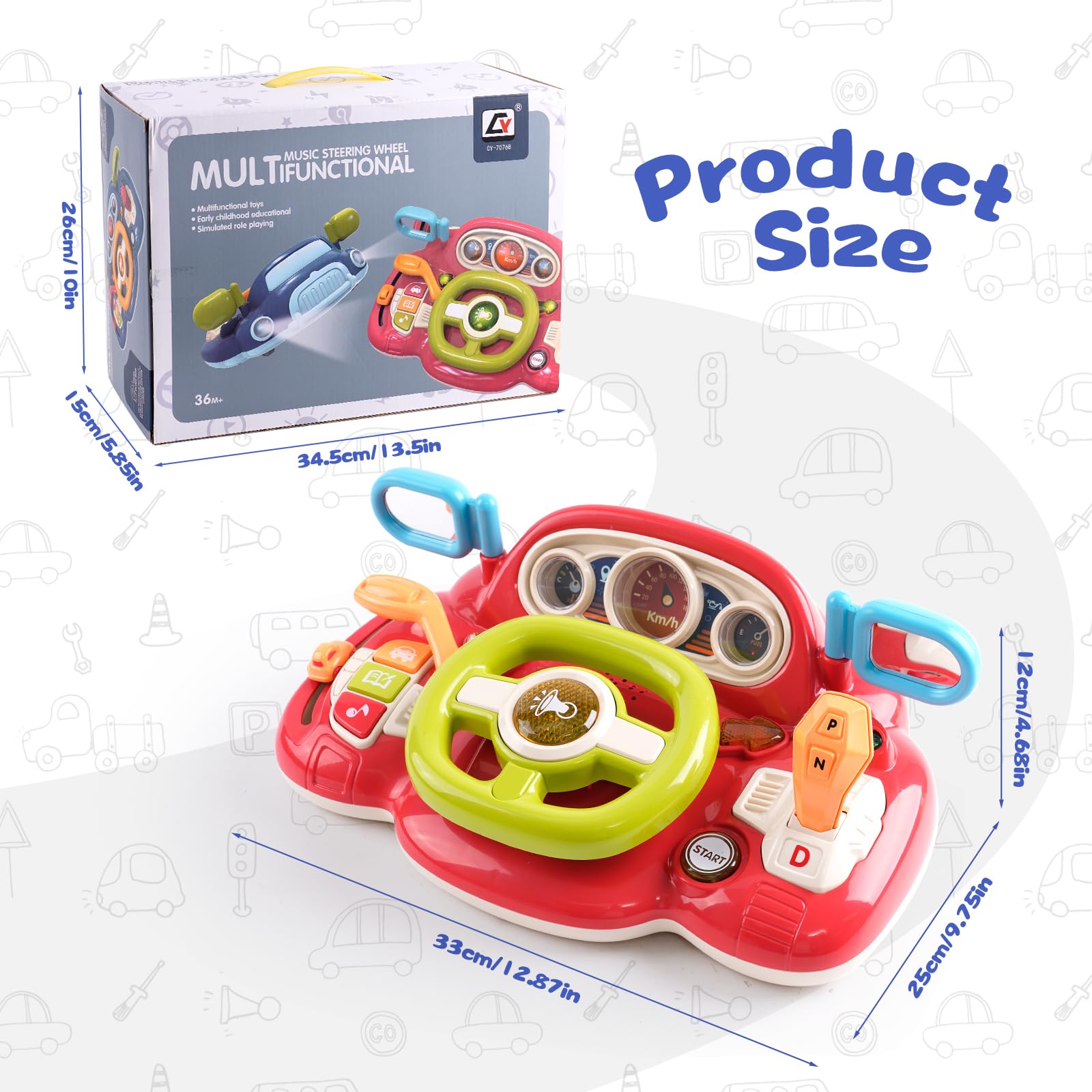 Volante Giocattolo per Bambini, Auto Simulatore Guida Multifunzionale con Luci e Musica Inglese, Giochi Interattivi per Bambini 2 Anni