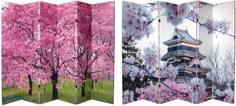 Red Lantern 6 ft. Tall Double Sided Cherry Blossoms Canvas 6 Panel Room Divider