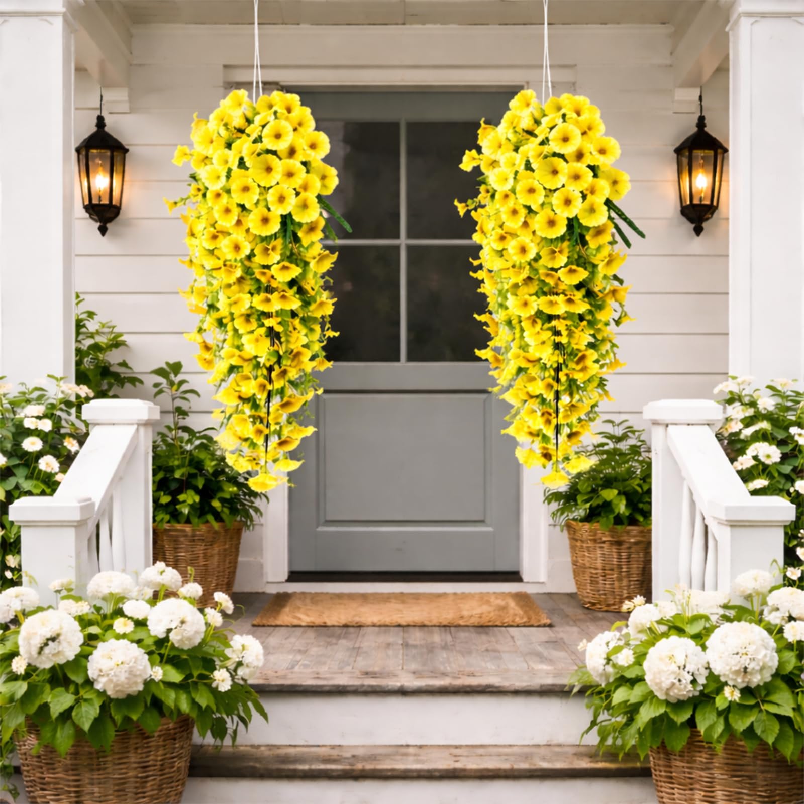 Liocwocne Yellow 2Pcs Artificial Hanging Flowers Outdoor, Uv Resistant Hanging Artificial Morning Glory Vine, 75Cm Fake Flower Bouquet Hanging Vine Drooping Plants For Hanging Baskets Spring Decor (,2 Pcs)