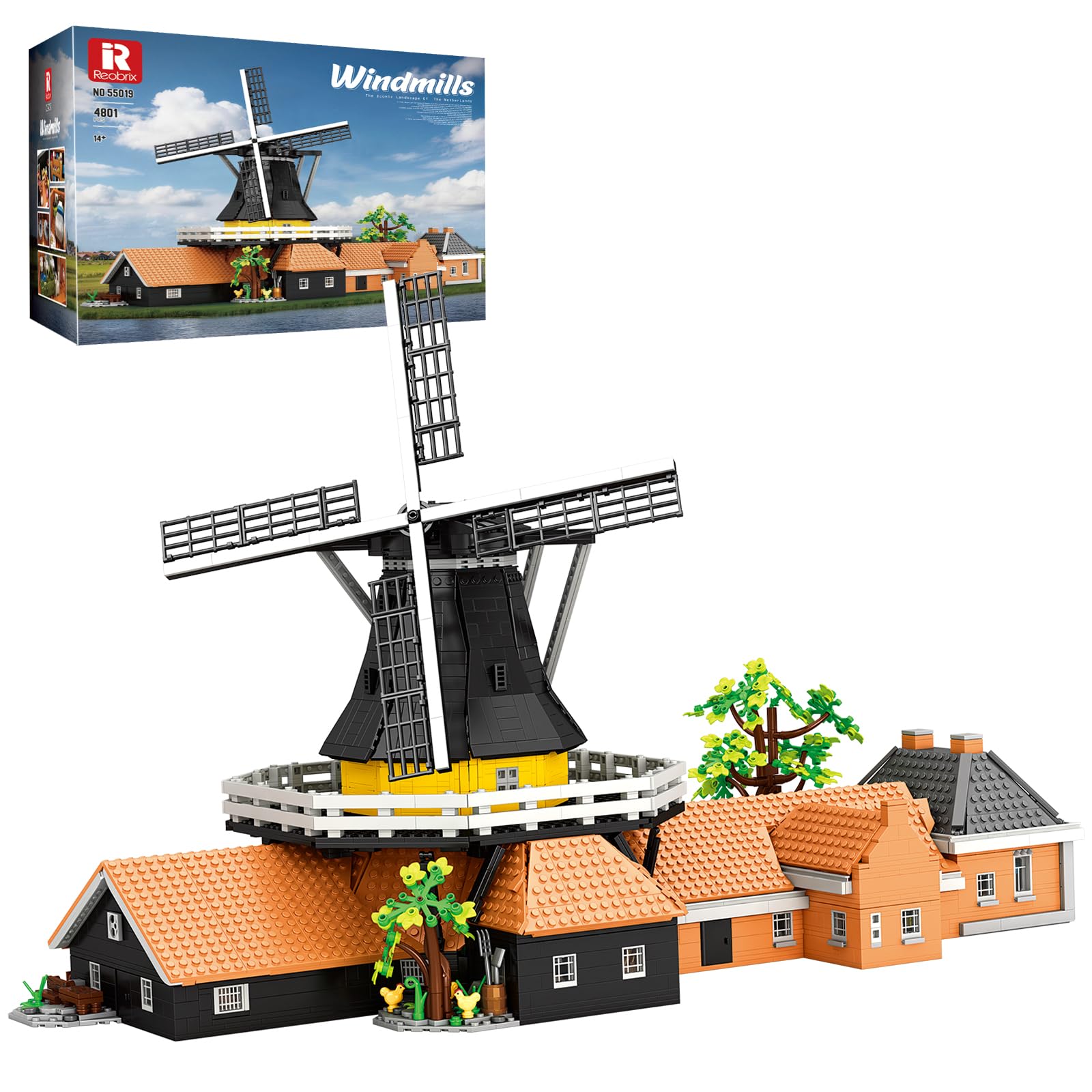 Reobrix 55019 Niederländische Windmühle Architektur Klemmbausteine Erwachse | Großes Windmühlenmodell mit Drehbare Windmühlenflügel, Gestaltete Landschaft mit Pflanzen, Wegen, Dekorationen, Sammlermodell