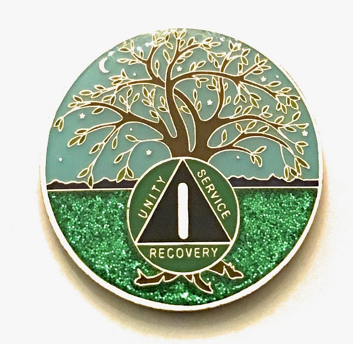 1 Year AA Medallion - Green & Blue Tree of Life , Alcoholics Anonymous, Sobriety Chip, Token, Coin