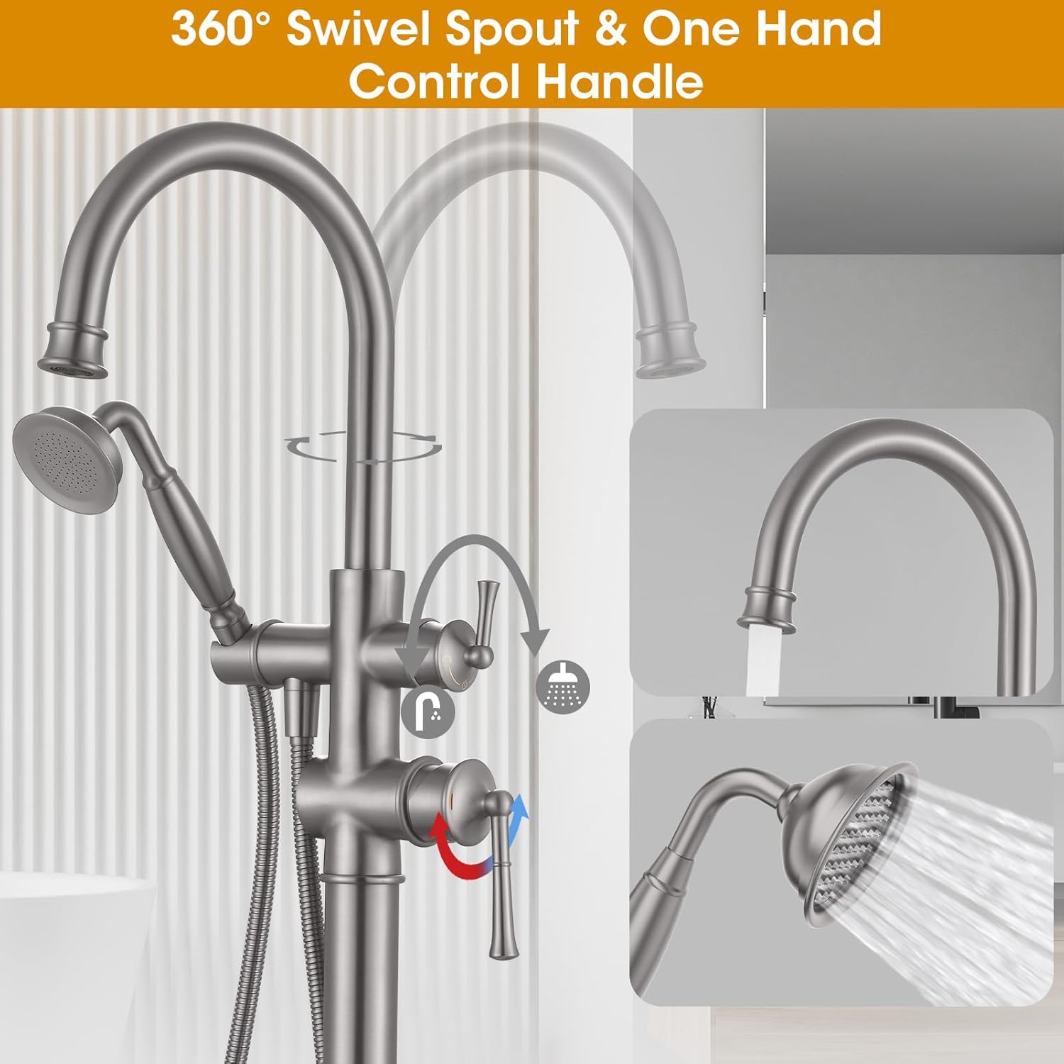 Freestanding Bathtub Faucet, Floor Mount Tub Faucet Brushed Nickel High Flow Tub Filler, Roman Tub Faucet with Antique Handheld, Swivel Gooseneck Spout Shower Mixer Taps (B2311-BN)