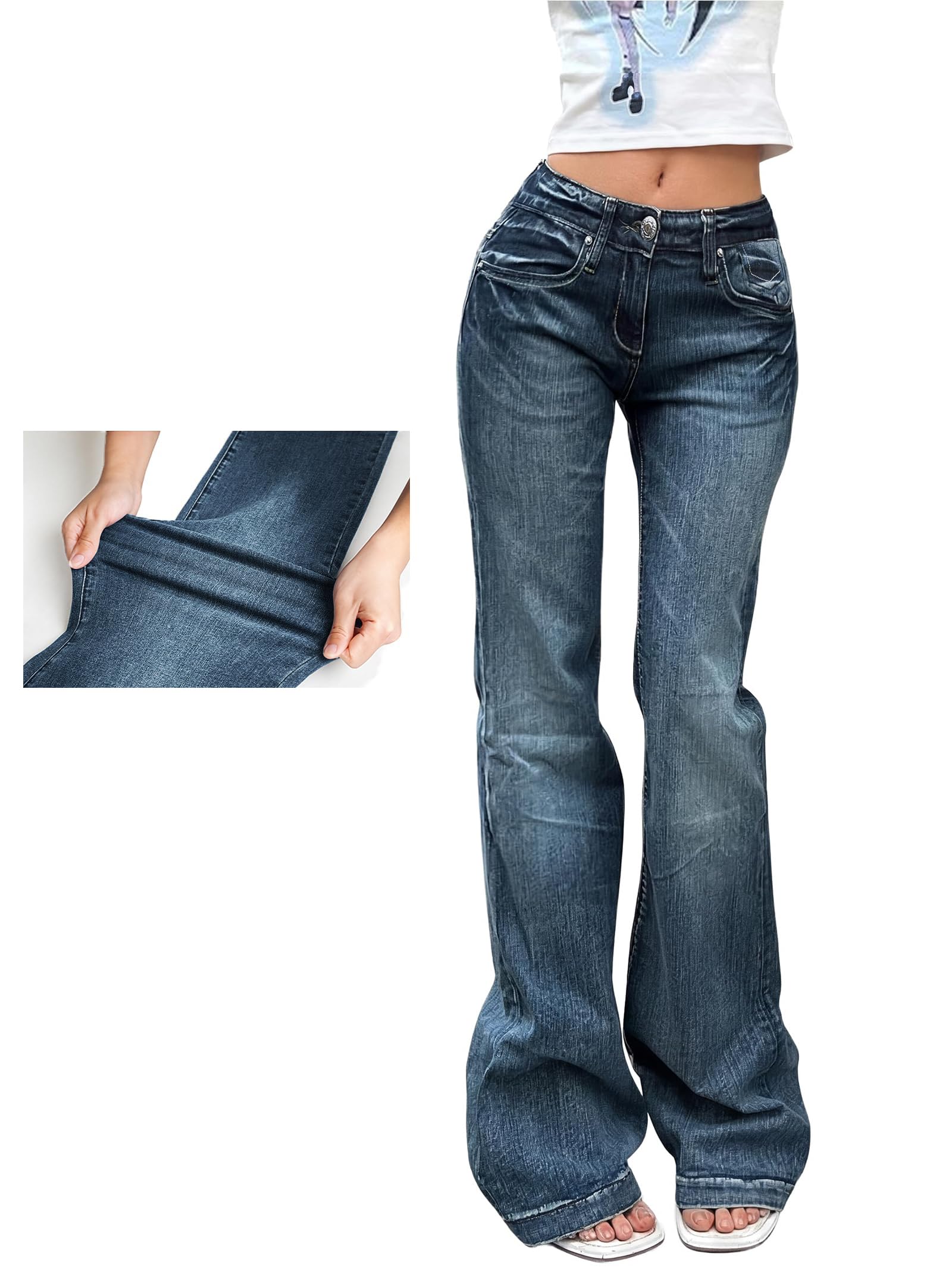 EMMIOL Flared Jeans Damen Mid-Low Waist Stretch Denim Bootcut | y2k Vintage Skinny Fit Schlaghose Damen Elegante Curvy Jeans Hosen mit Vorder und Hintertaschen