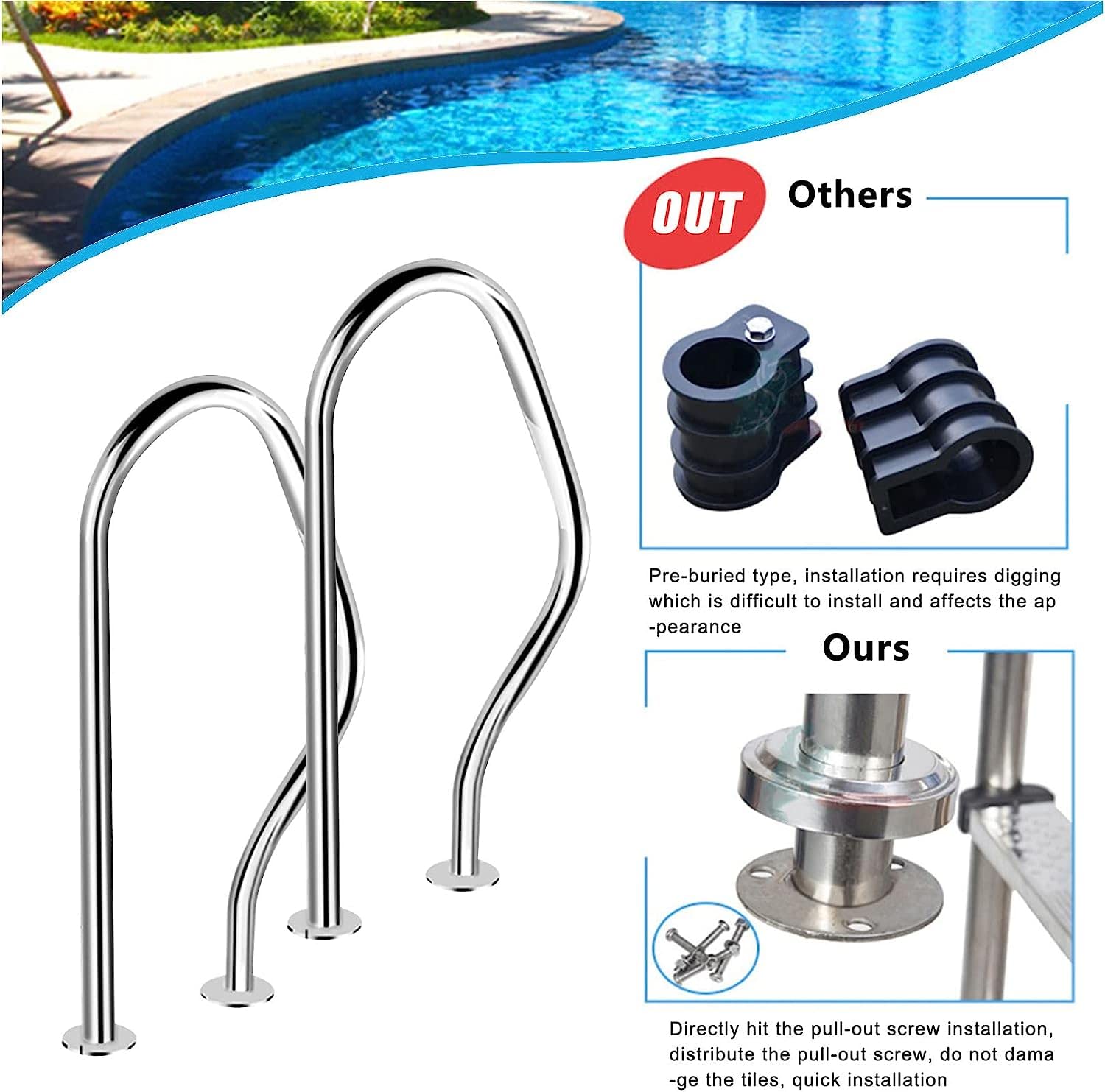 Rampe d'escalier de piscine en acier inoxydable – Main courante durable pour une utilisation sous l'eau – 1 mm d'épaisseur – Main courante de piscine pour plus de sécurité et de stabilité