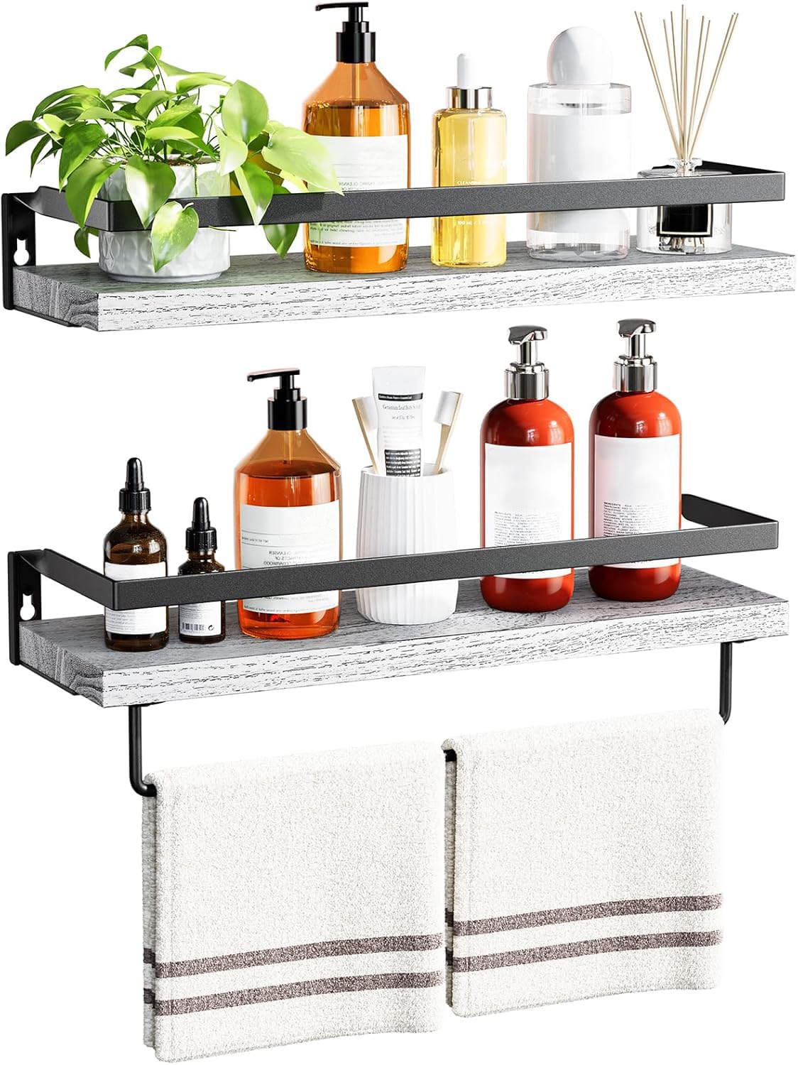 AMADA HOMEFURNISHING Bathroom Shelves with Towel Bar, Floating Shelves, Wall Shelves for Bathroom/Living Room/Kitchen/Bedroom, White, Set of 2 -