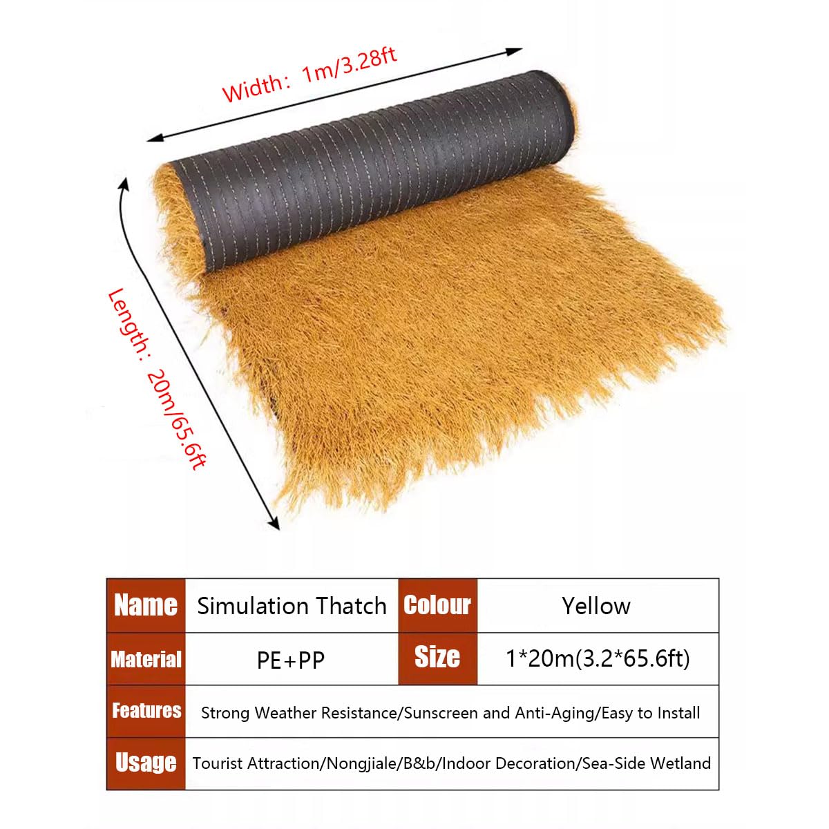 Tetto Di Paglia Artificiale,Decorativa Di Paglia Artificiale,Impermeabile Rotolo Di Paglia Artificiale Resistente Agli UV per Piscine,Cortile,Decorazione Esterna Giardino,Fac(Size:1*20m(3.2*65.6ft))