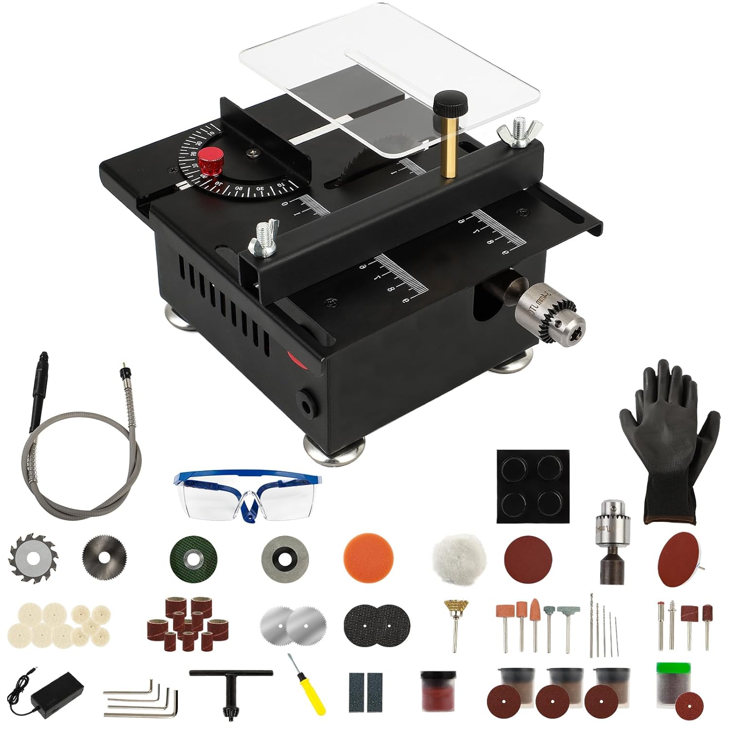 Mini Table Saw, Portable Liftable Mini Multi-functional Table Saw for Crafts, 7-Speed Adjustable Small Desktop Saws, Angle Adjustable Cutting Sanding Engraving Drilling All-In-One Machine