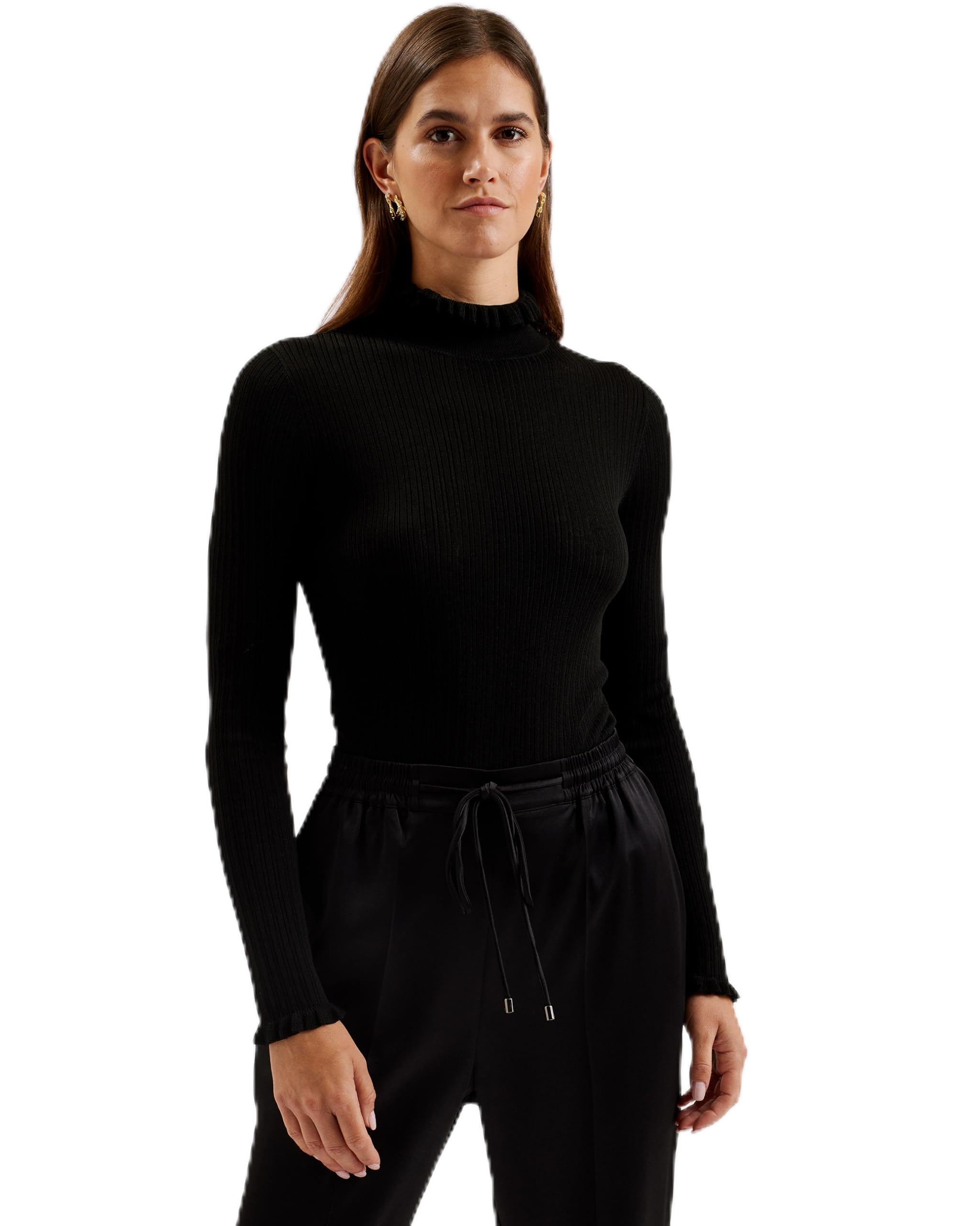 Ted Baker Womens Wmk-janittt-Rib Funnel Neck Frill Jumper Sweater, Black, 16 UK