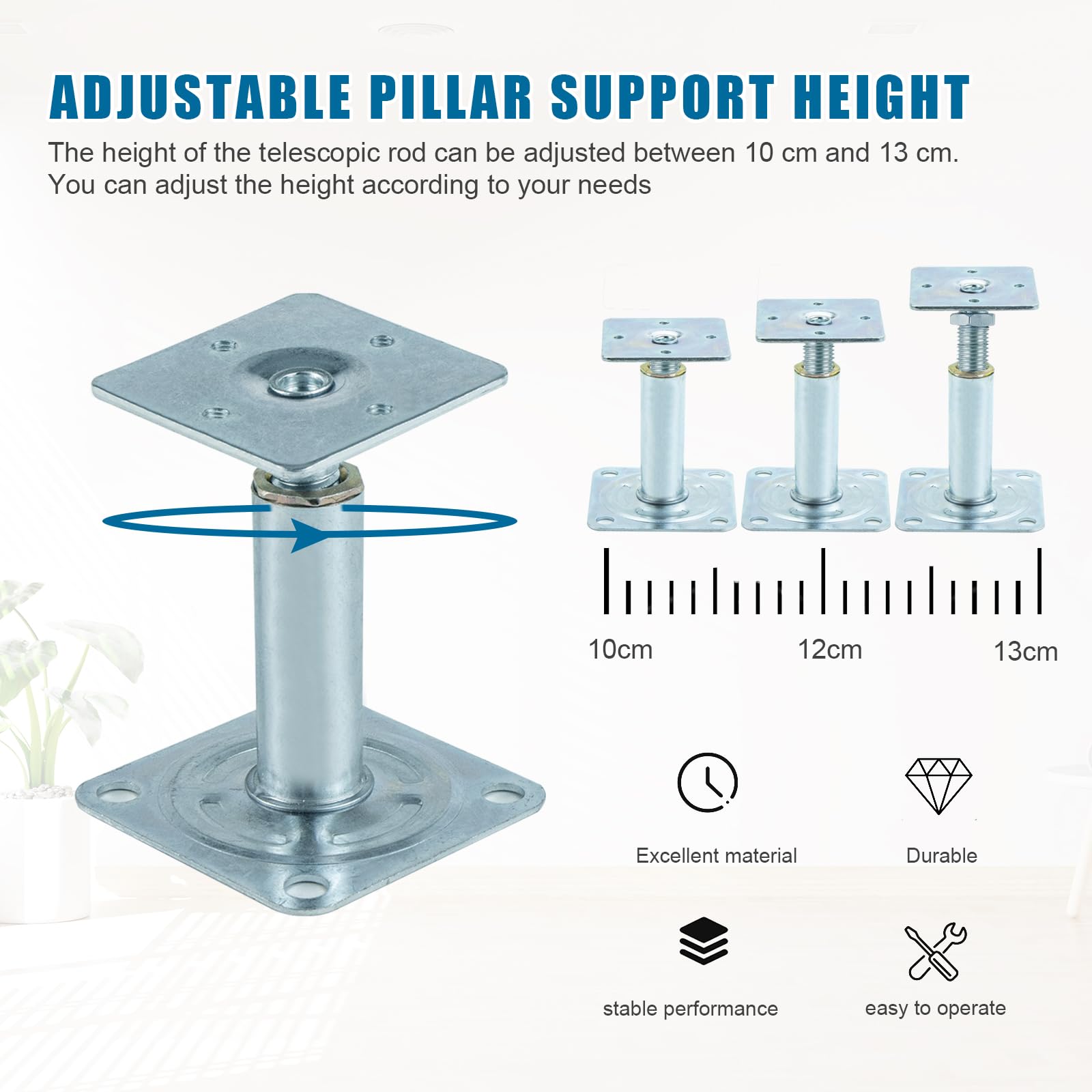 Adjustable Floor Supports 100-130 mm, 4 Pieces Raised Post Supports in Thickened Galvanised Steel - Image 3