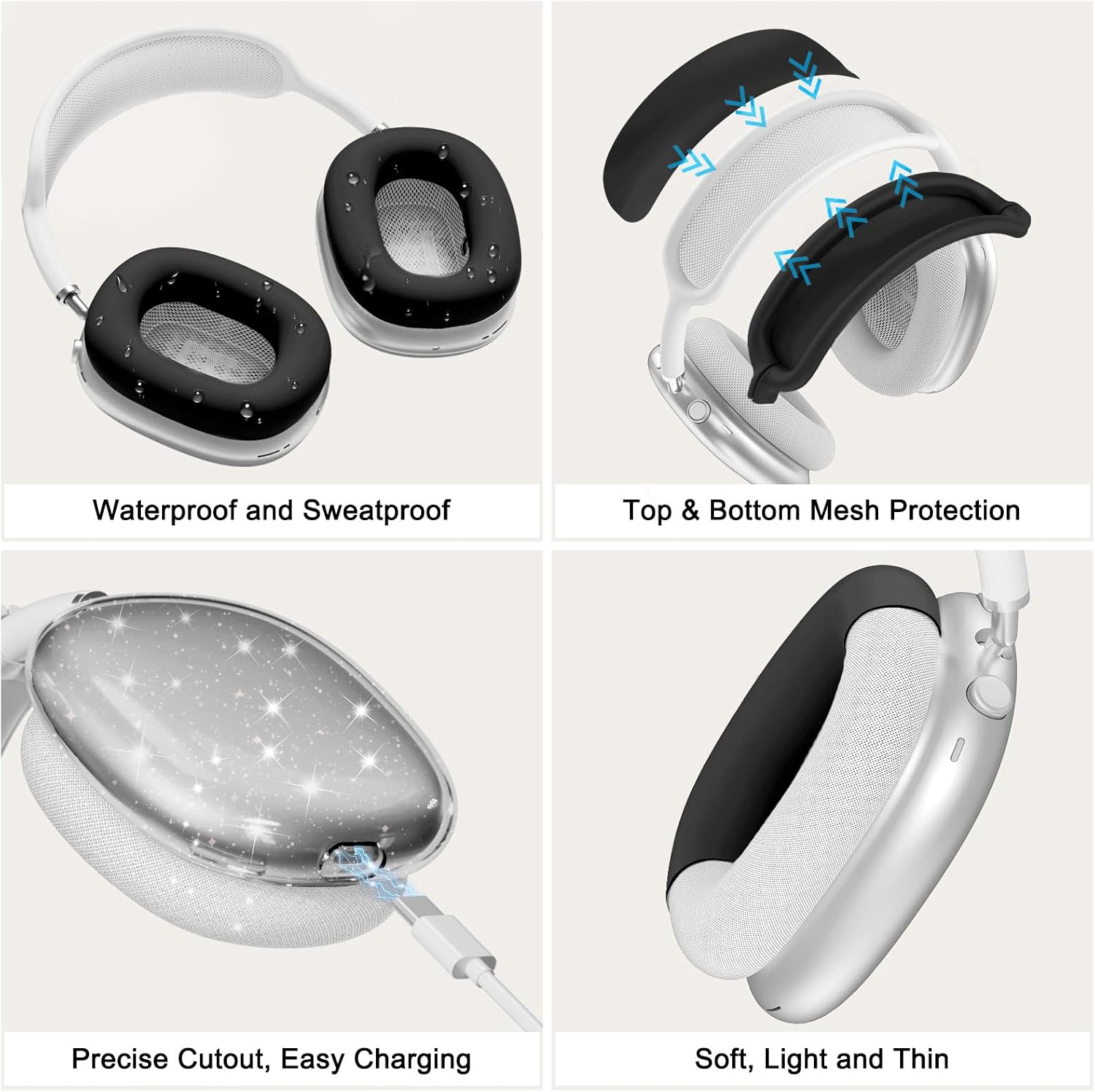 Silicone Case Cover for AirPods Max 2, Clear Soft TPU Ear Cups Cover/Ear Pad Case Cover/Headband Cover for AirPods Max 2/1 (2026/2024/2020),Transparent Accessories for Apple AirPods Max, Glitter Black