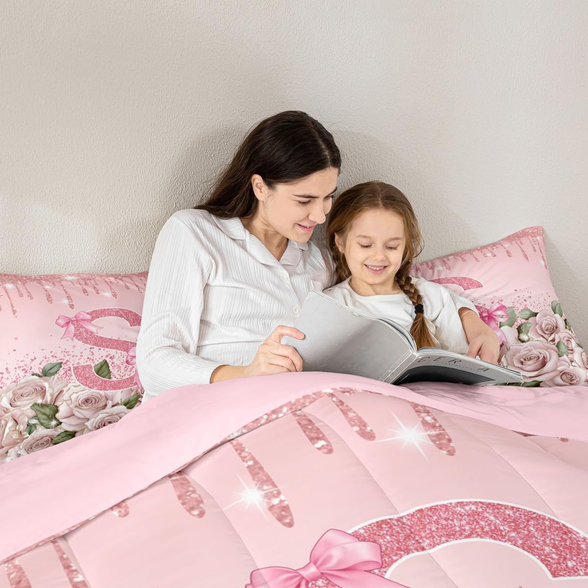 Pink Bow Tie Queen Comforter Set Personalized Initial Letter S Bedding Set - Princess Ribbon Bowknot Monogrammed Down Comforter Sequins Fluid Art Romantic Rose Quilt, Cute Room Decor Aesthetic Kawaii
