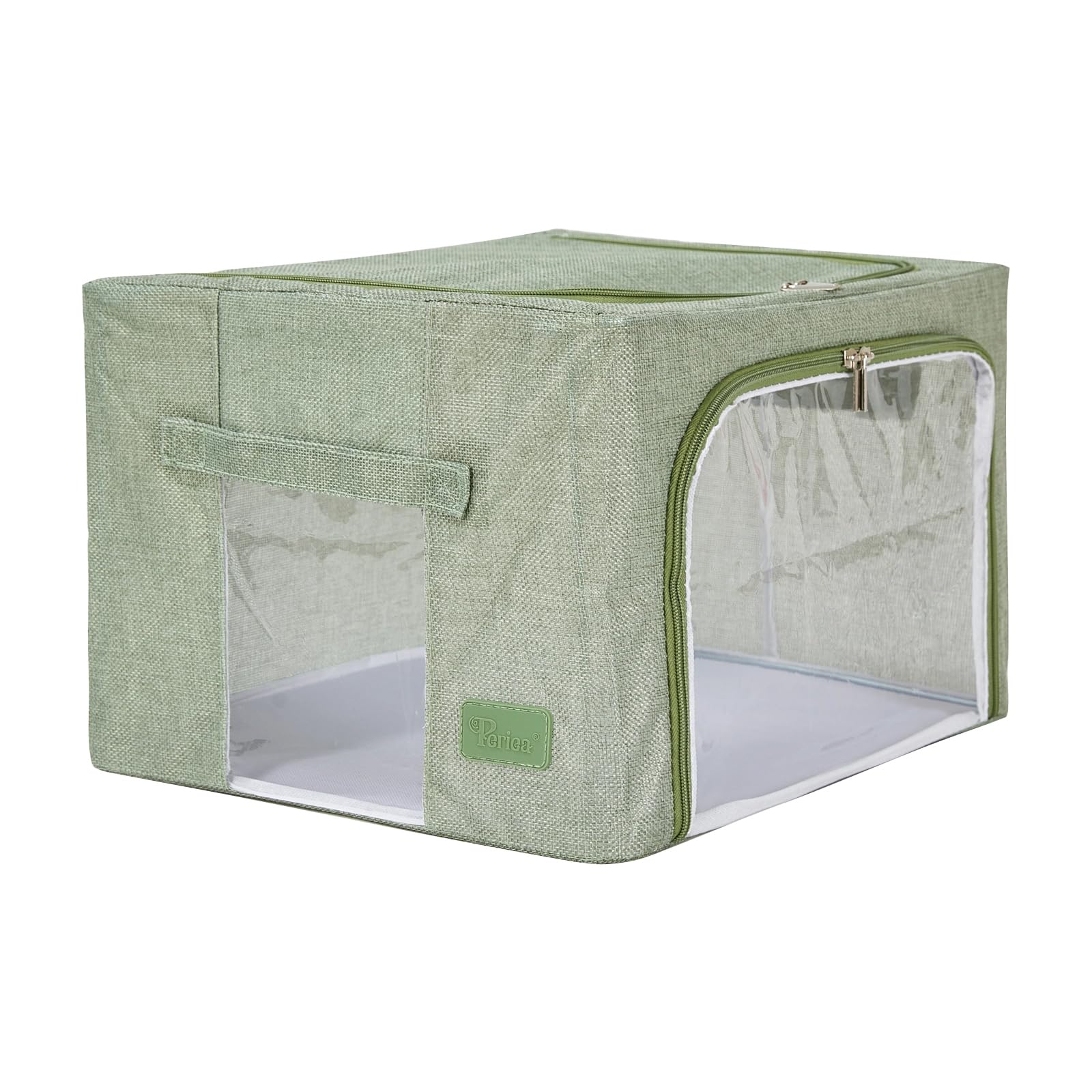 Periea ‘Beau’ Folding Collapsible Stackable Fabric Home Storage Boxes with Steel Frames (Sage Hemp, Small)