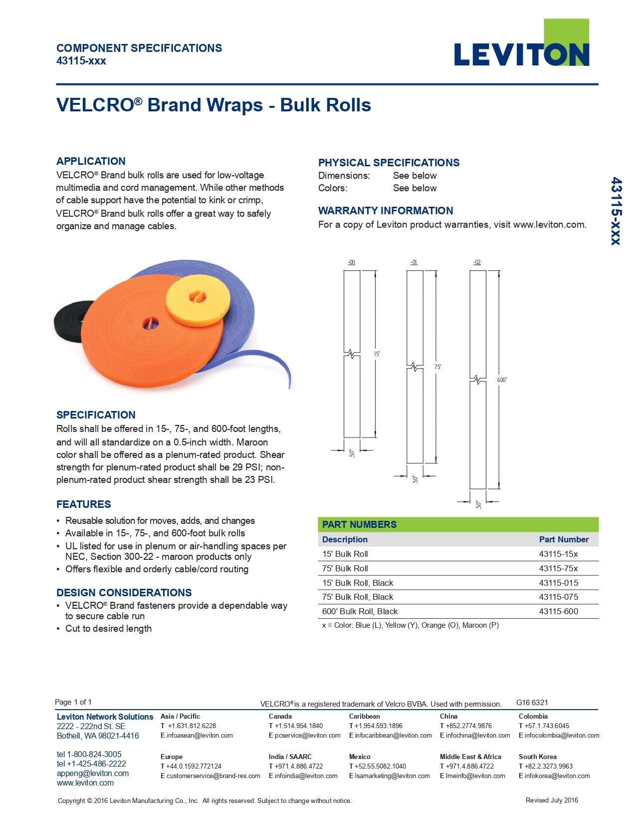 Leviton 43115-75O - Rollo de velcro a granel de 75 pies, color naranja
