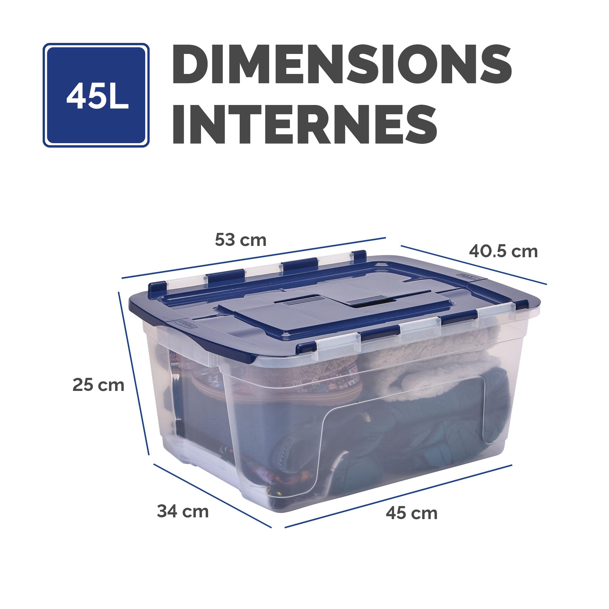 BANKERS BOX 45L Boîte fourre-tout en plastique, pack de 3, Polypropylène sans BPA, couvercles 100% recyclés, emboîtables et empilables, couvercle fendu, 28x43x59cm, polyvalent pour maison et bureau