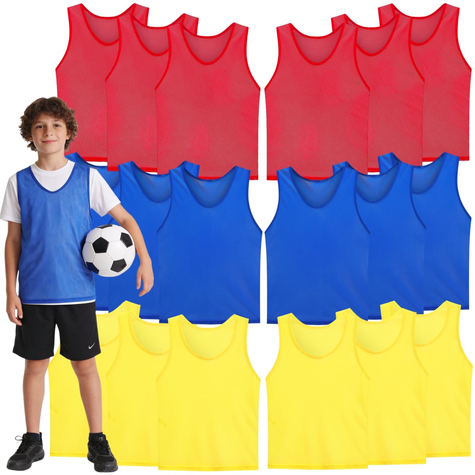 - 18 Packs Youth Team Pinnies, Kids Scrimmage Training Vest, Training Pennies, Jerseys Mesh Practice Vests for Basketball, Soccer, Football, Volleyball, 3 Colors