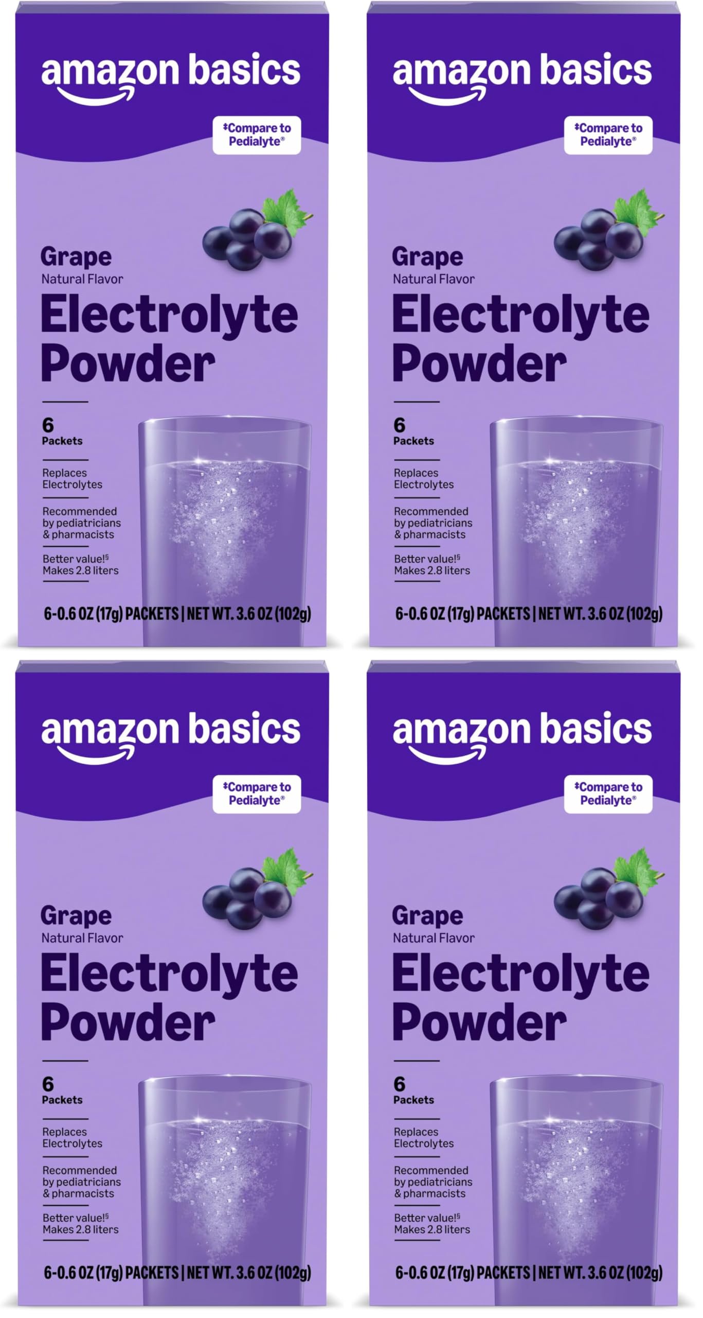 Amazon Basic Care Electrolyte Powder Packets for Rehydration for Kids &amp; Adults, Grape Flavor, 6 Count (Pack of 4)