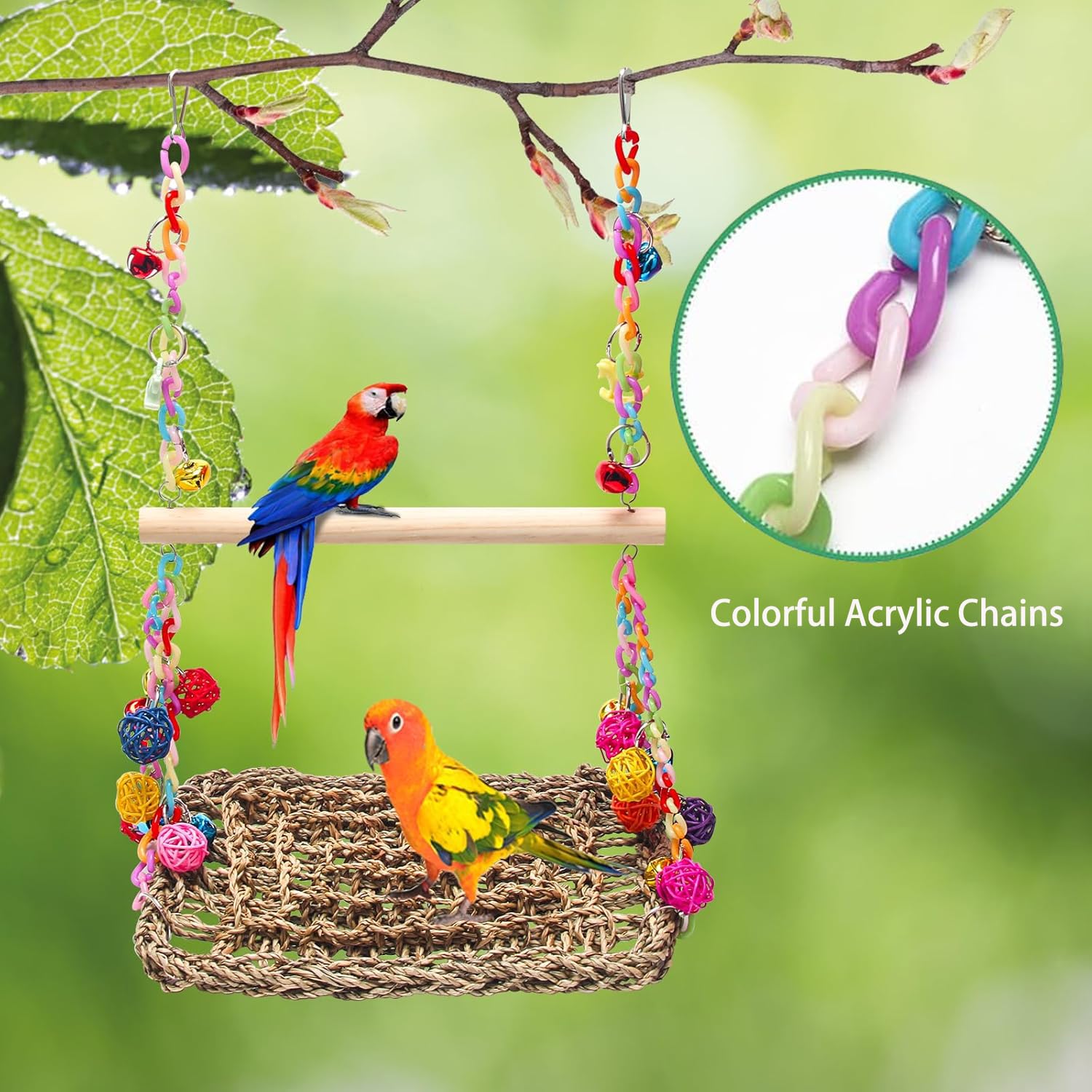 ZYYRSS Seagrass Bird Swing Toys with Wood Perch, Perfect for Lovebirds Conures, Parakeets, Parrotlets, Budgie, Cockatiels - Image 4