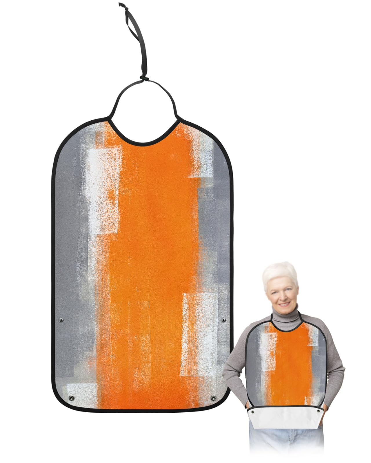Orange Grey Adult Bibs for Eating, Waterproof Bibs with Food Catcher & Adjustable Snap Closure, Modern Oil Painting Ombre Abstract Aesthetics Clothing Protectors Adult Bibs for Elderly Women/Men