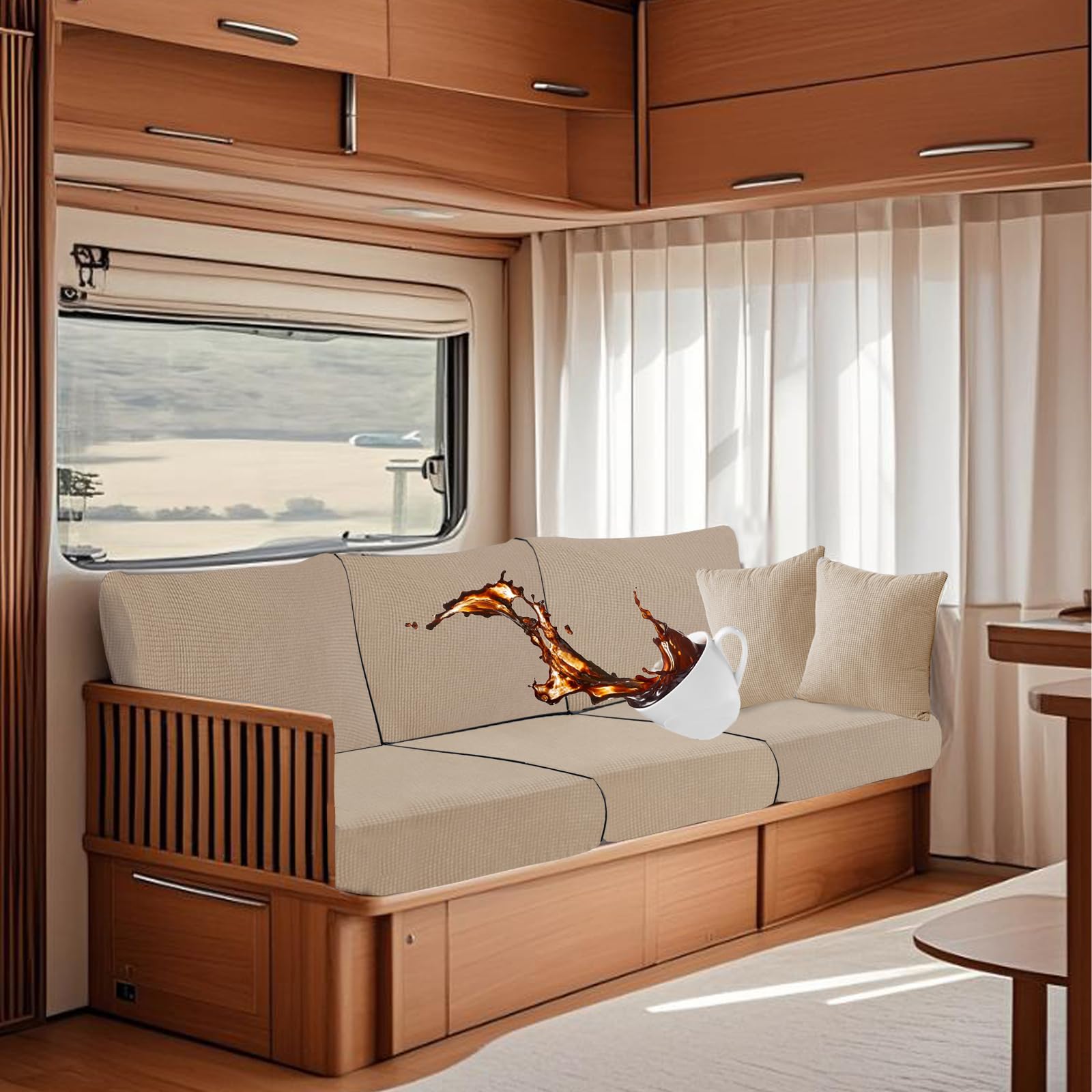 SYLC Wasserdicht Bezüge Für Wohnwagenpolster, Ersatzbezug Für Wohnwagen Polster rutschfest Mit Gummiband Und Schnürung Sofa Sitzkissenbezug (Beige,W 100-130 cm, D 30-50 cm)