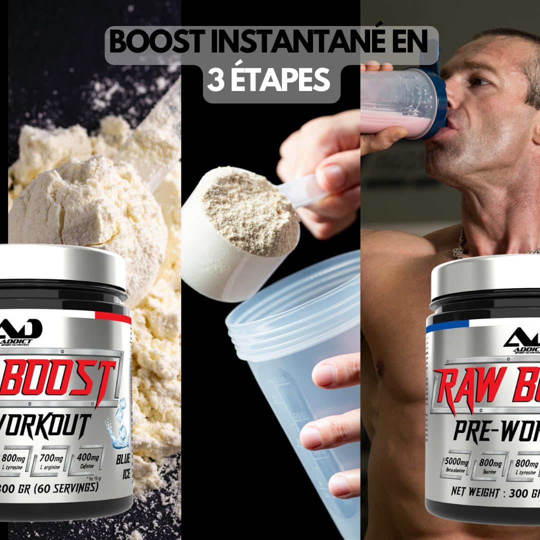 Addict sport nutrition - Pre workout raw boost 300g - Booster de pré-entraînement avec Bêta-Alanine, Taurine, L-Tyrosine, Caféine 200mg - Énergie pour l'entrainement (300 Gr, Framboise - citron)