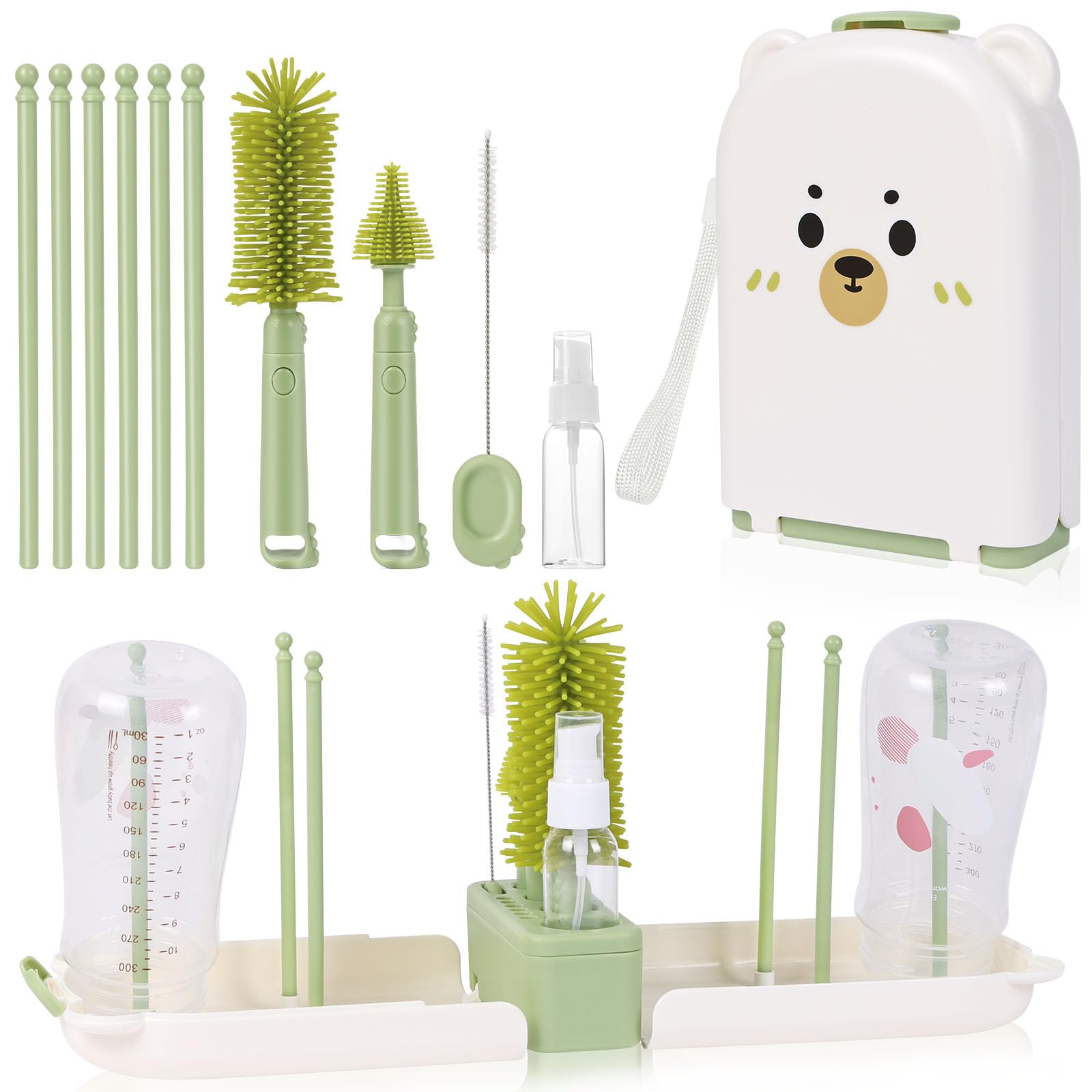 AOOTE Reise Baby Flaschenbürste Set, Flaschenbürste Baby Silikonbürste Babyflasche mit Silikon Babyflaschenbürste, Saugerbürste, Strohbürste, Seifenspender, Aufbewahrungsbox