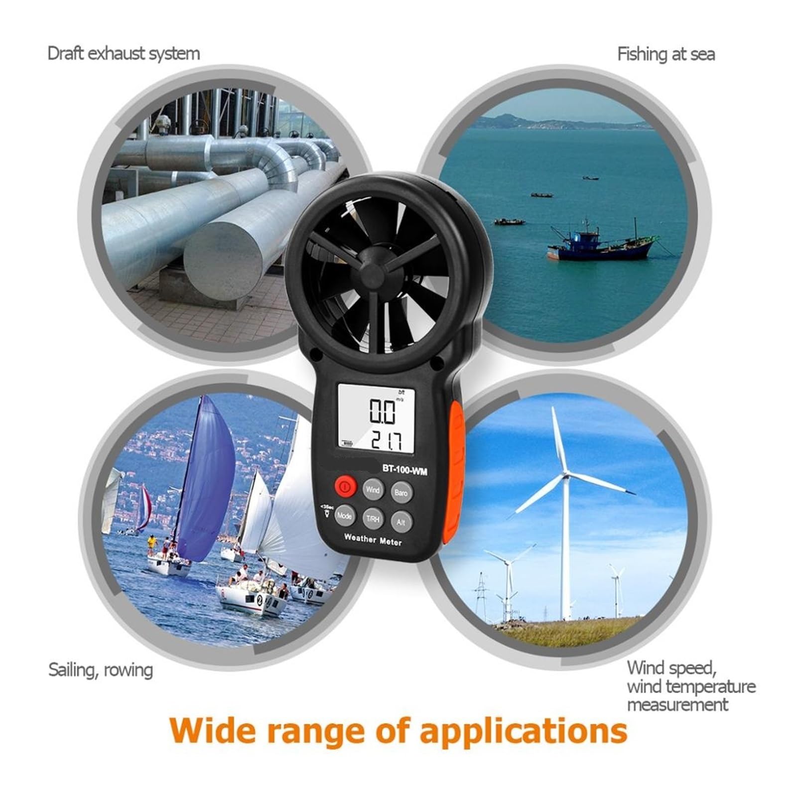 Anemómetro Digital de BT-100-WM for medir la velocidad/temperatura del viento, humedad probador sensación térmica, altitud for escalar Drone HVAC CFM