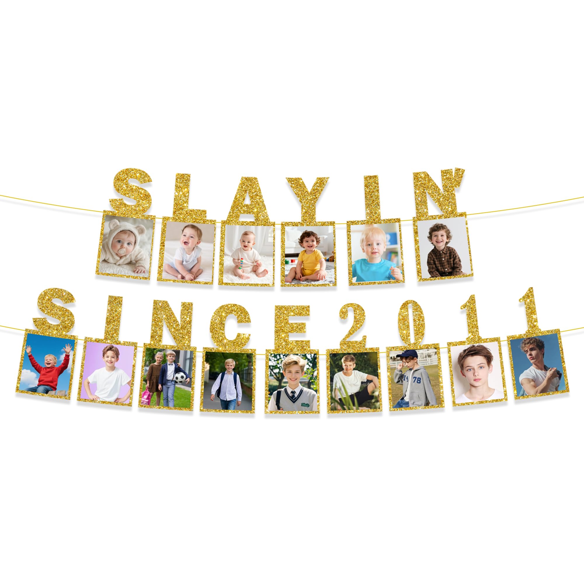 15th Birthday Decorations Banner Boys - 2 Pcs Gold Slayin Since 2011 Glitter Banner with Cute Girl Photos for Boy Teen Happy 15th Birthday Party Decorations Supplies