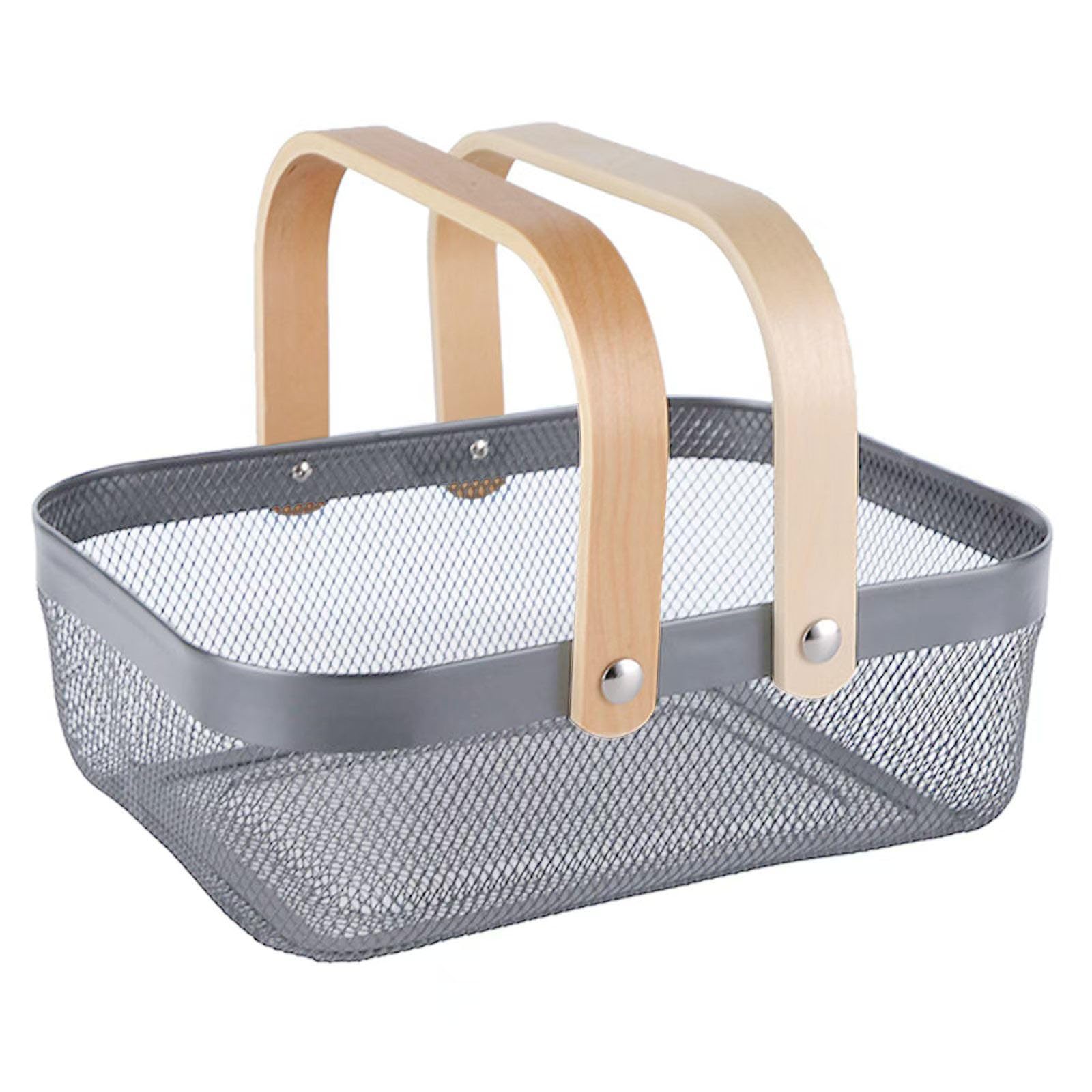 AJIODA Metal Mesh Steel Basket, Storage Organizer Basket Garden Harvest Basket Multi-functional Kitchen Fruit Baskets Bin with Wooden Handle for