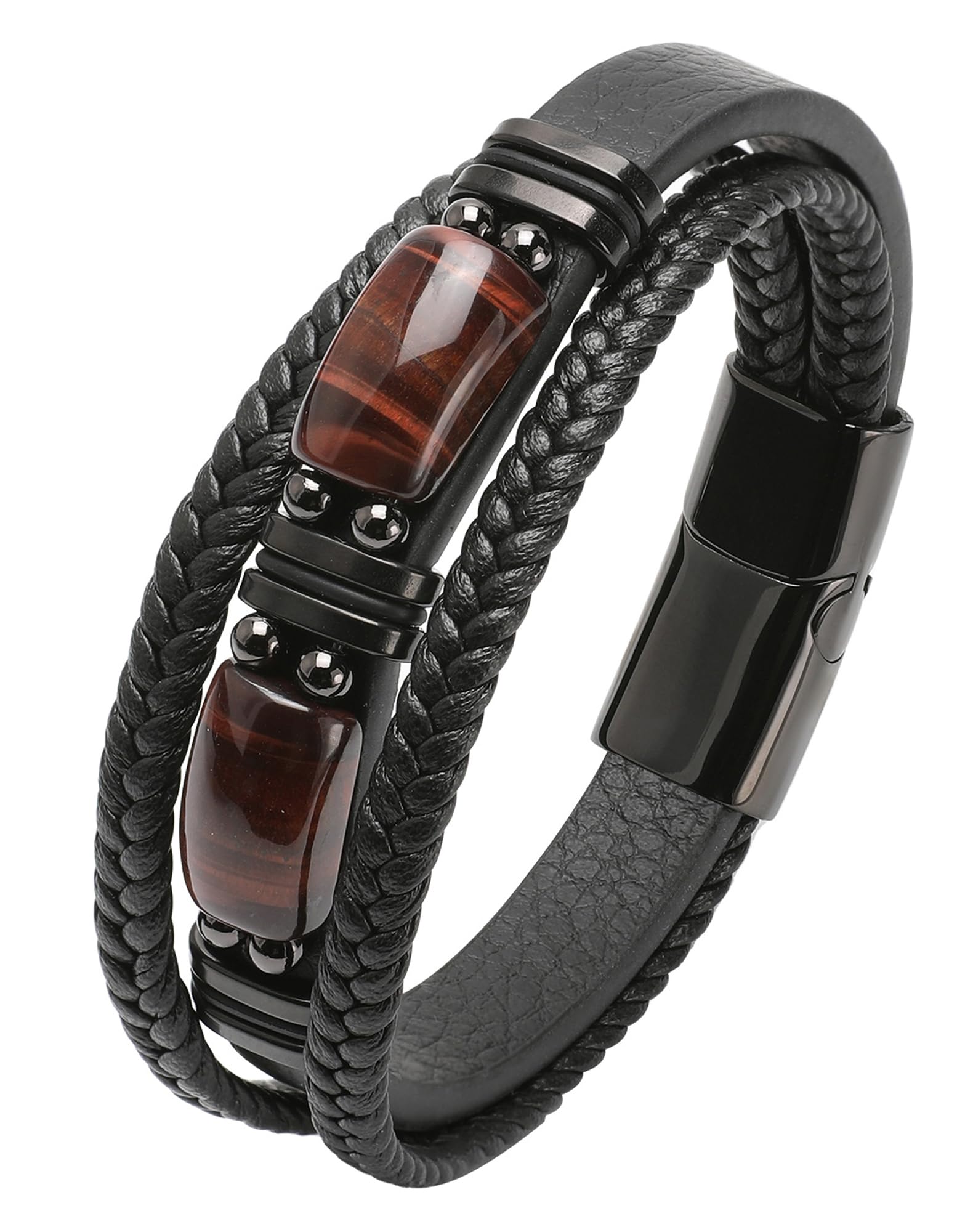 Tiger Eye Mens Bracelets - Stainless Steel Punk Cuff - Black Multilayer Leather Jewelry