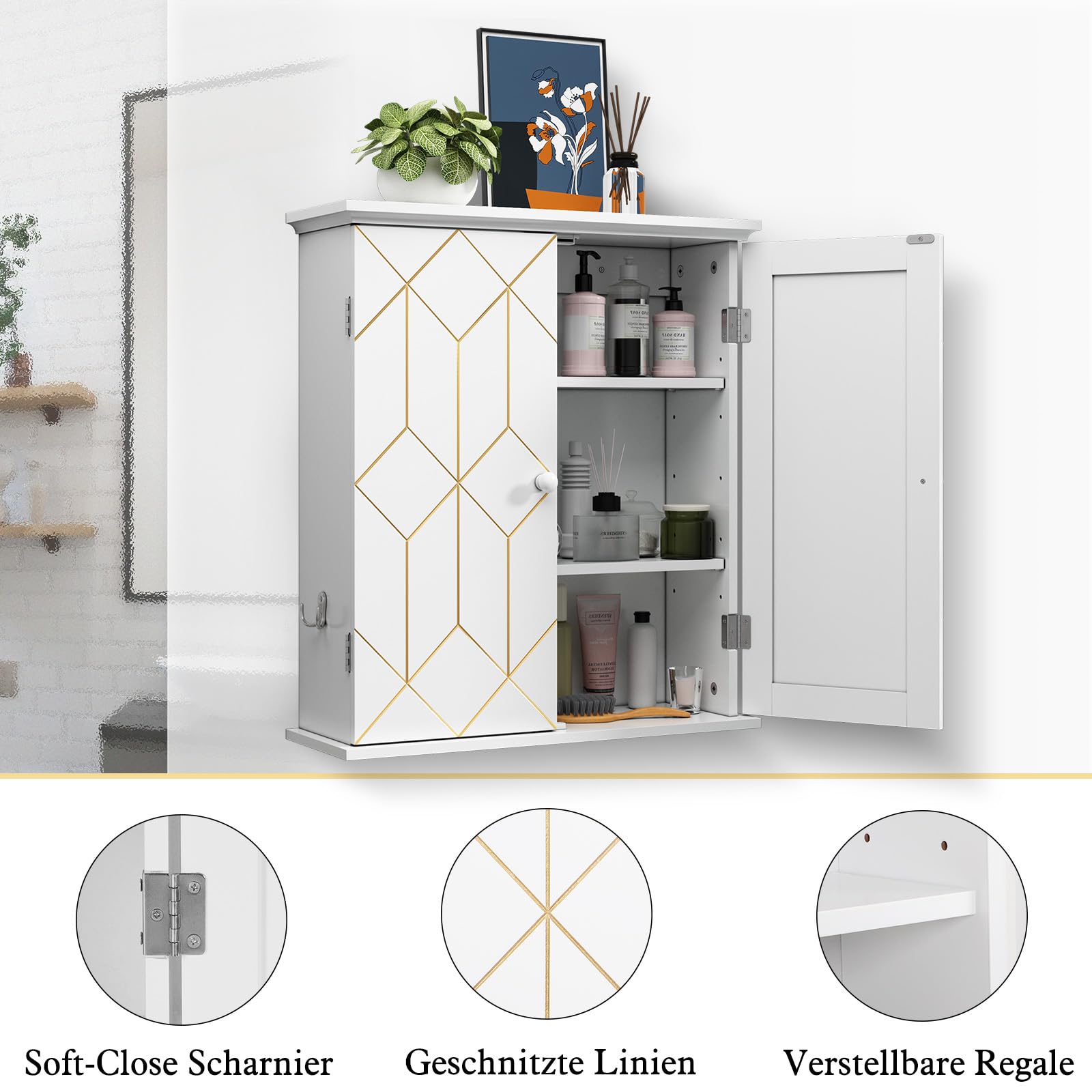 HOLTICO Armoire à pharmacie suspendue - Armoire murale de salle de bain - Armoire murale avec étagère réglable - Blanc - Armoire autonome pour cuisine, salle de bain, chambre à coucher
