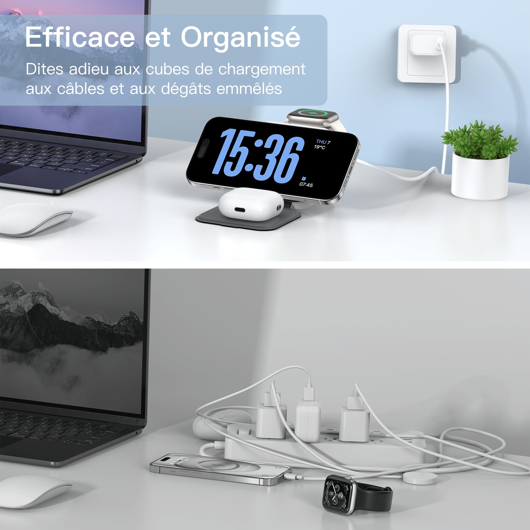 KEEPRO Chargeur 3 en 1 MagSafe Station de Charge sans Fil Pliable pour iPhone 16/15/14/13/12/Pro/Max/Plus, Apple Watch, AirPods Pro/4/3/2 avec USB-C 20W-Blanc