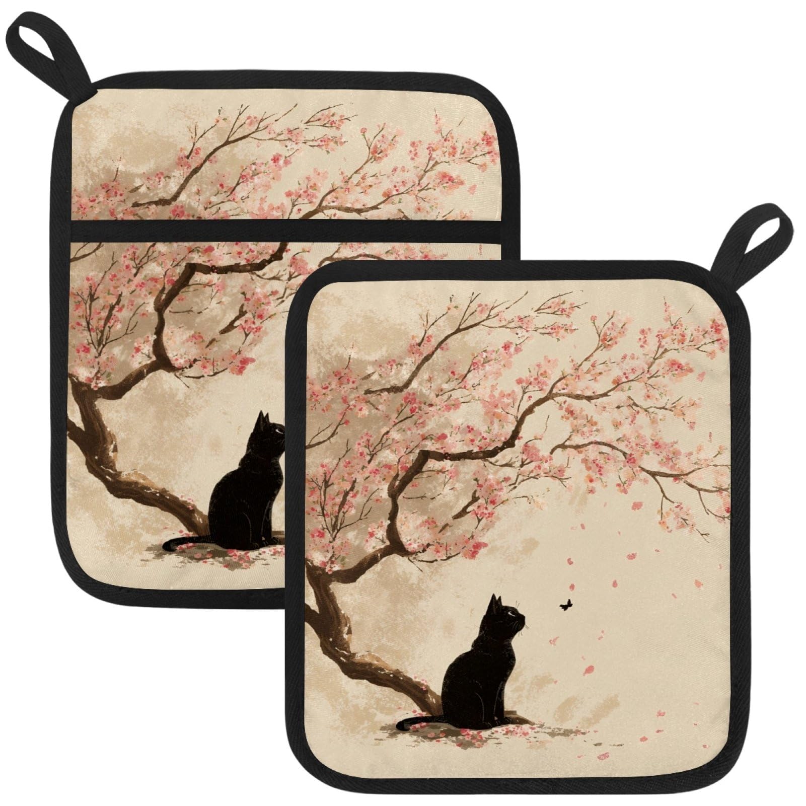 VAPOKF Cat Peach Blossom Pot Holders with Pocket for Kitchen Heat Resistant Potholders Large Polyester-Cotton Square Oven Mitts Set