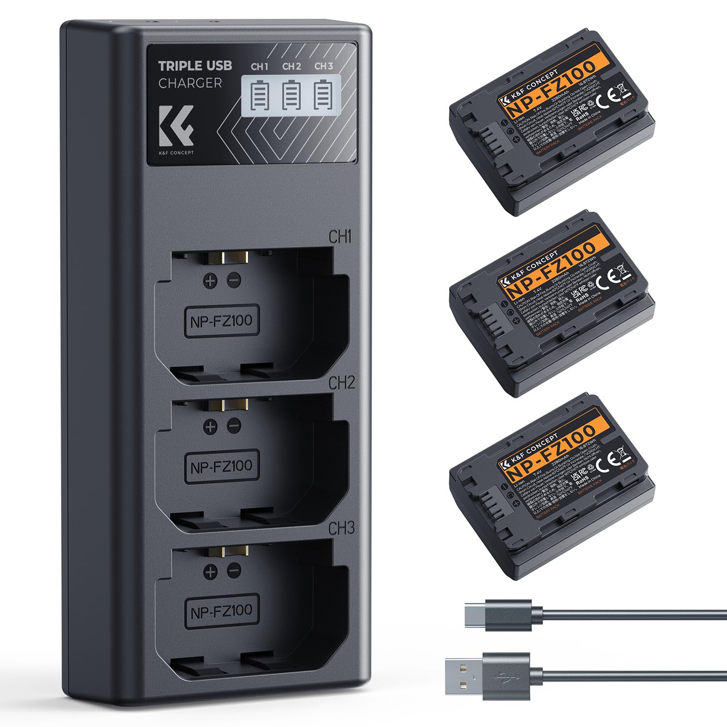 K&F CONCEPT NP-FZ100 Batterie et Chargeur à Trois Slot, 3 X 2280mAh Remplacement Batterie pour Sony A7iii, A7iv, A7C, FX3, FX30, A9, A6600, A6700, ZV-E1, ZV-E10ii, Alpha 9, A9S, A7R III, A7R IV, A7RV