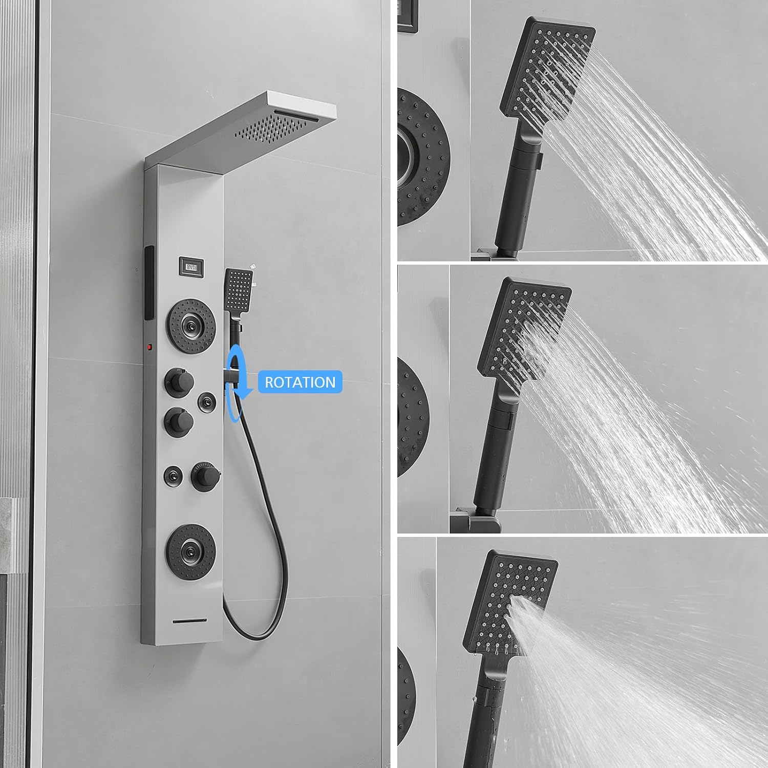BWE Stainless Steel Shower Panel Tower System,LED Rainfall Waterfall Shower Head,4 Massage Body Jets,3 Functions Handhels Shower and Waterfall Tub Spout,Wall Mounted Shower Panel with Temp Display