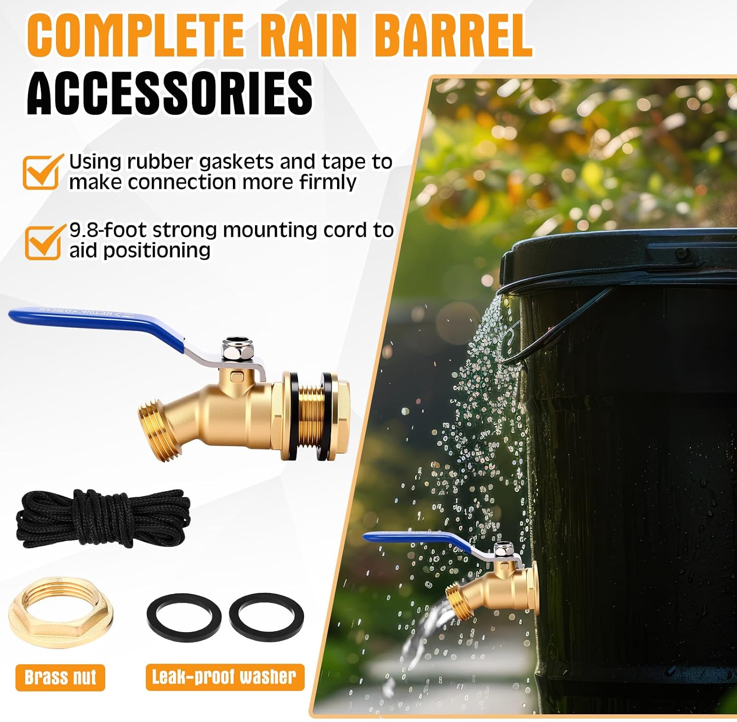 JaGely 3 Pack Brass Rain Barrel Spigot Kit 3/4" Inlet to 3/4"GHT Thread Outlet Water Tank Faucet 55 Gallon Drum Outdoor Rain Bucket Spigot with Bulkhead Fitting, Tape, Traction Rope(Blue)