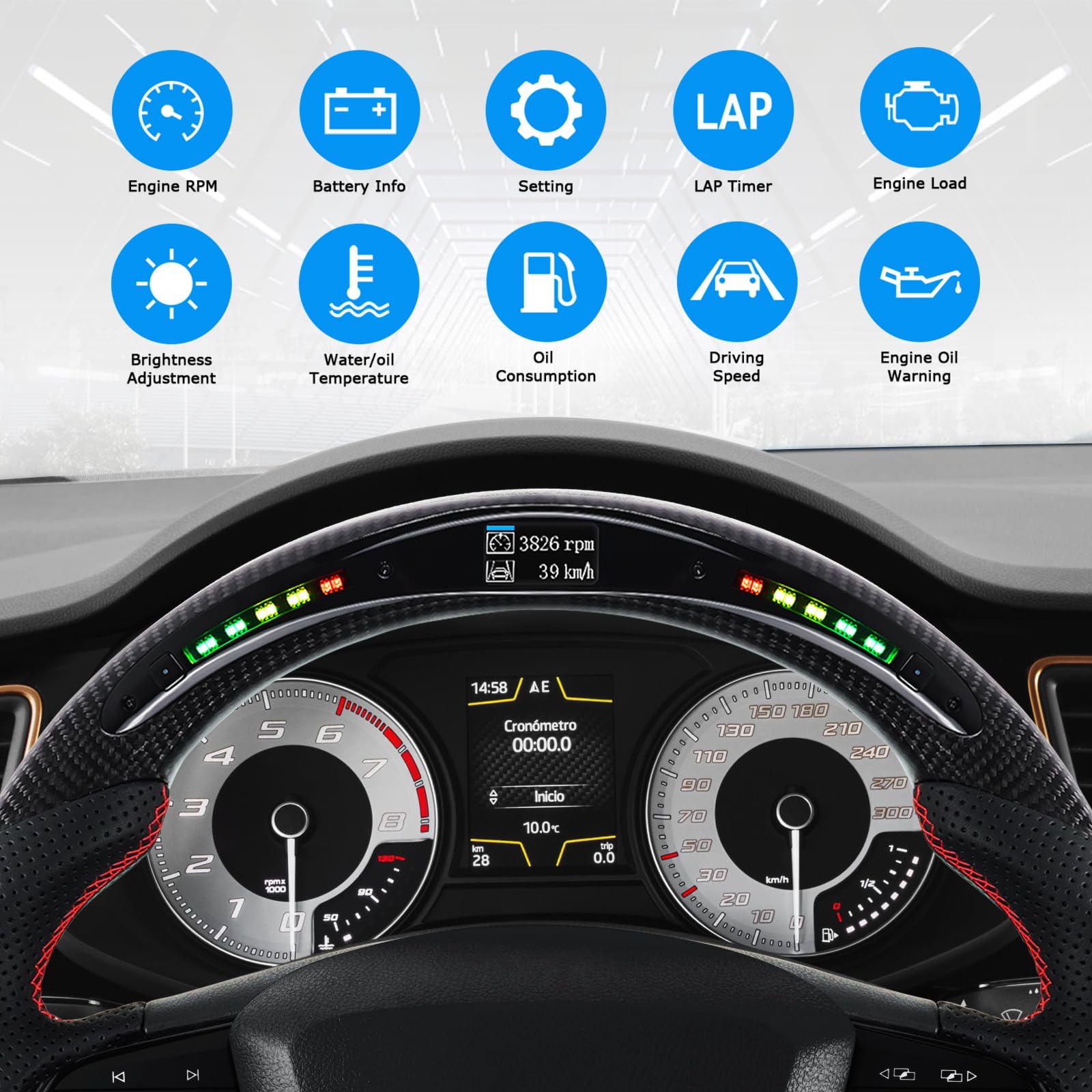 Volante de fibra de carbono, volante de cuero en forma de D, parte inferior plana, indicador de cambio LED, mango de cuero perforado para Seat Cupra Leon MK3 2013-2019