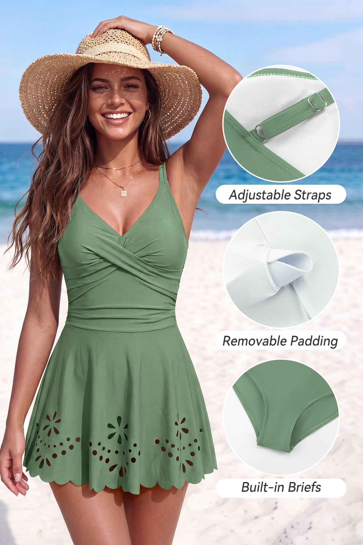 SHEKINI Traje de baño de una pieza para mujer, con control de abdomen, con tirantes ajustables, falda recortada, cuello en V, vestido de natación