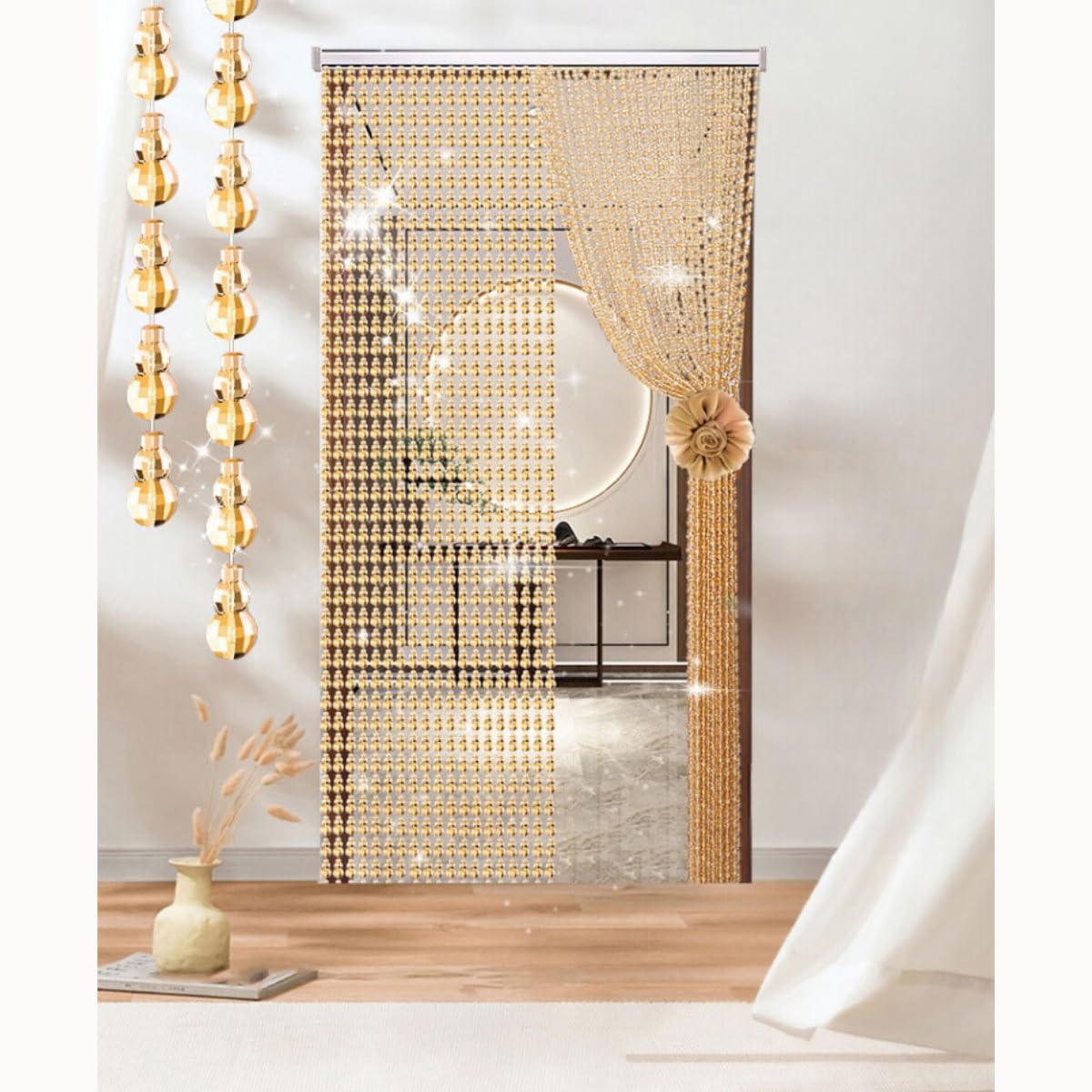 Rideau à franges en perles de cristal - 90 x 200 cm - Panneau de porte décoratif avec perles en acrylique - À suspendre au mur - Élégant - Gris - Pour décoration d'intérieur et d'intimité