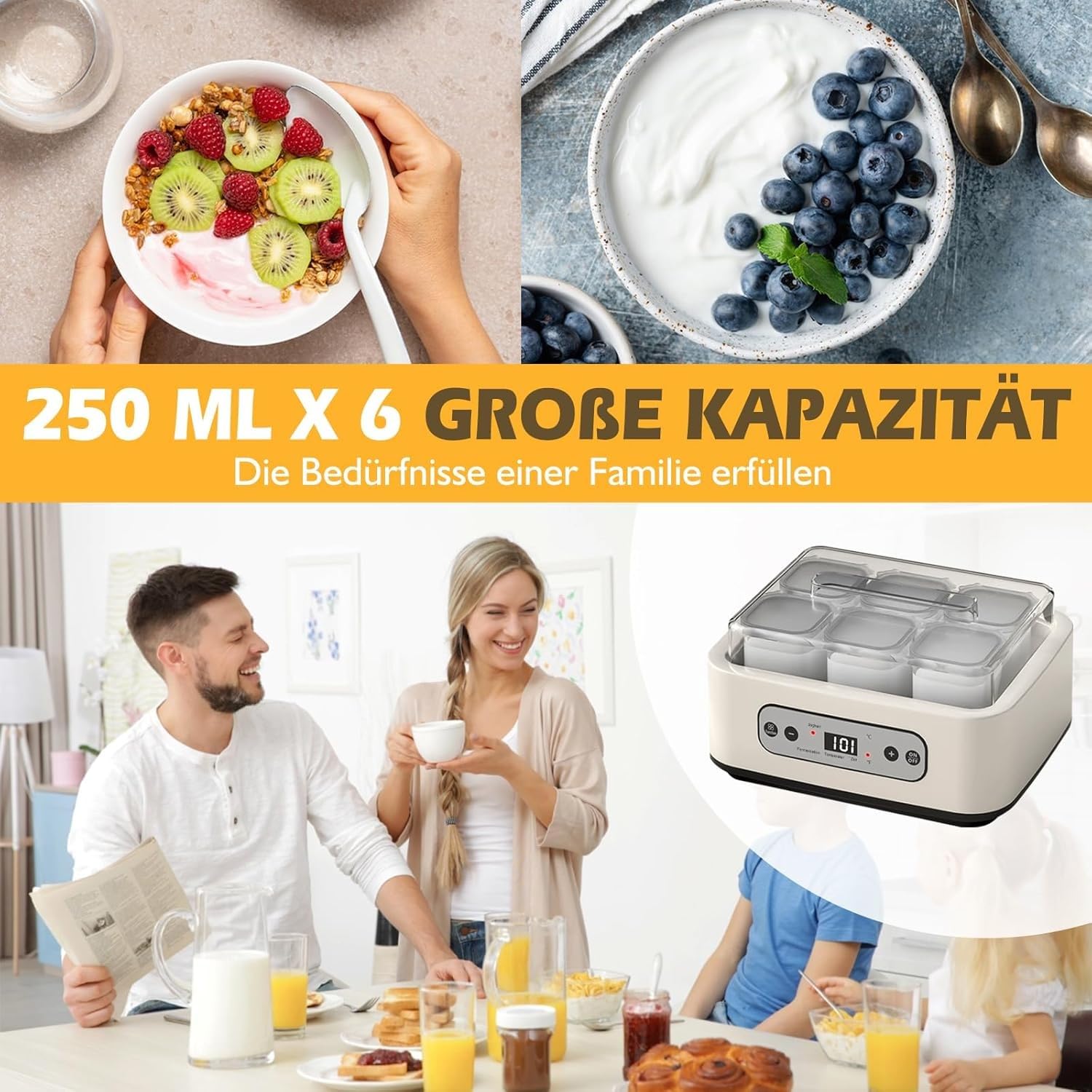 Yaourtière de 1,5 L avec minuterie et contrôle de la température, 304 pour acier inoxydable, fonctionnement silencieux sous 45 dB, fermentation laitière et non laitière, comprend 6 bocaux en