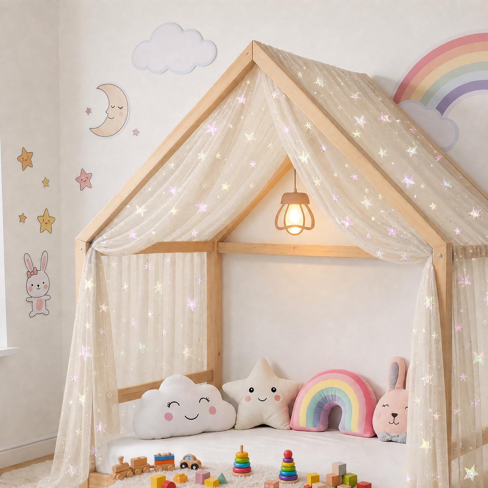 Allbestaye Sheer House Bed Canopy Curtain with Iridescent Stars 150 x 457cm