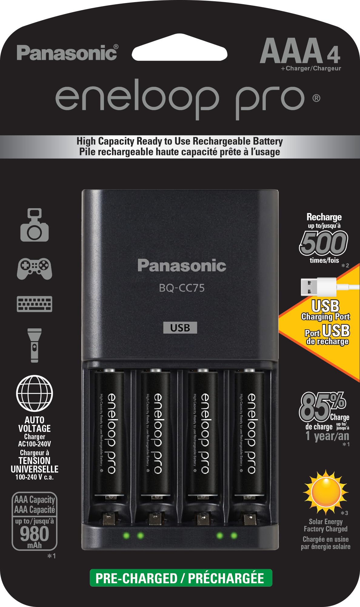 Panasonic K-KJ75K3A4BA Advanced Battery Charger with USB Charging Port and 4AAA pro High Capacity Rechargeable Batteries