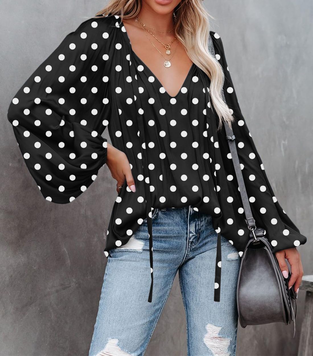 LAMISSCHE Womens Sexy Deep V Neck Blouse Lantern Long Sleeve Chiffon Shirt Oversized Drawstring Silk Satin Tunic - Image 2