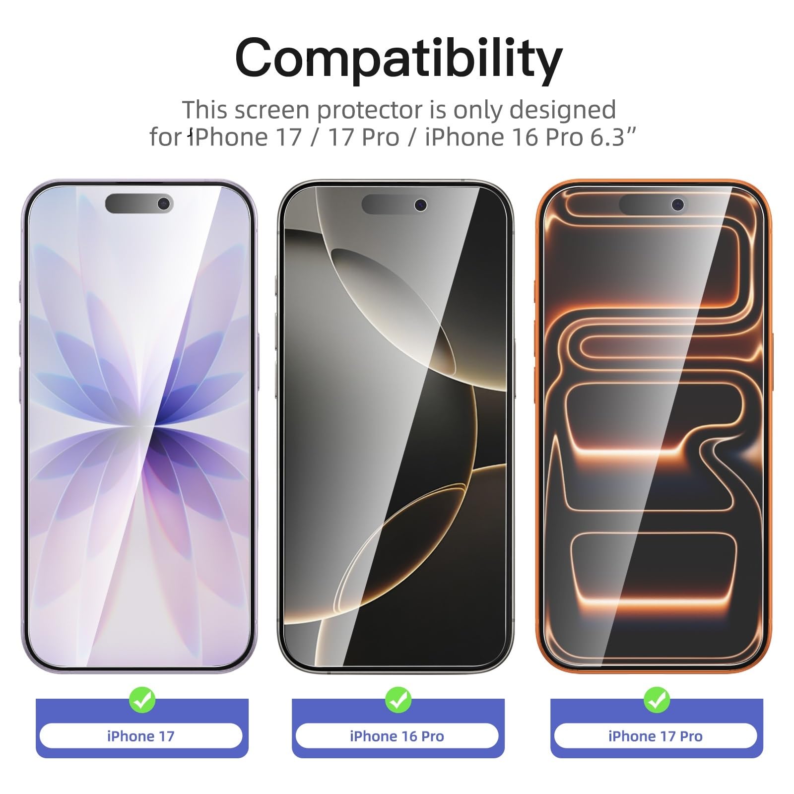NEW'C 3 Pack Designed for iPhone 16 Pro,iPhone 17, 17 Pro Screen Protector (6.3 inches), Enhanced Tempered Glass Protection with easy installation tool included, Case Friendly - 1