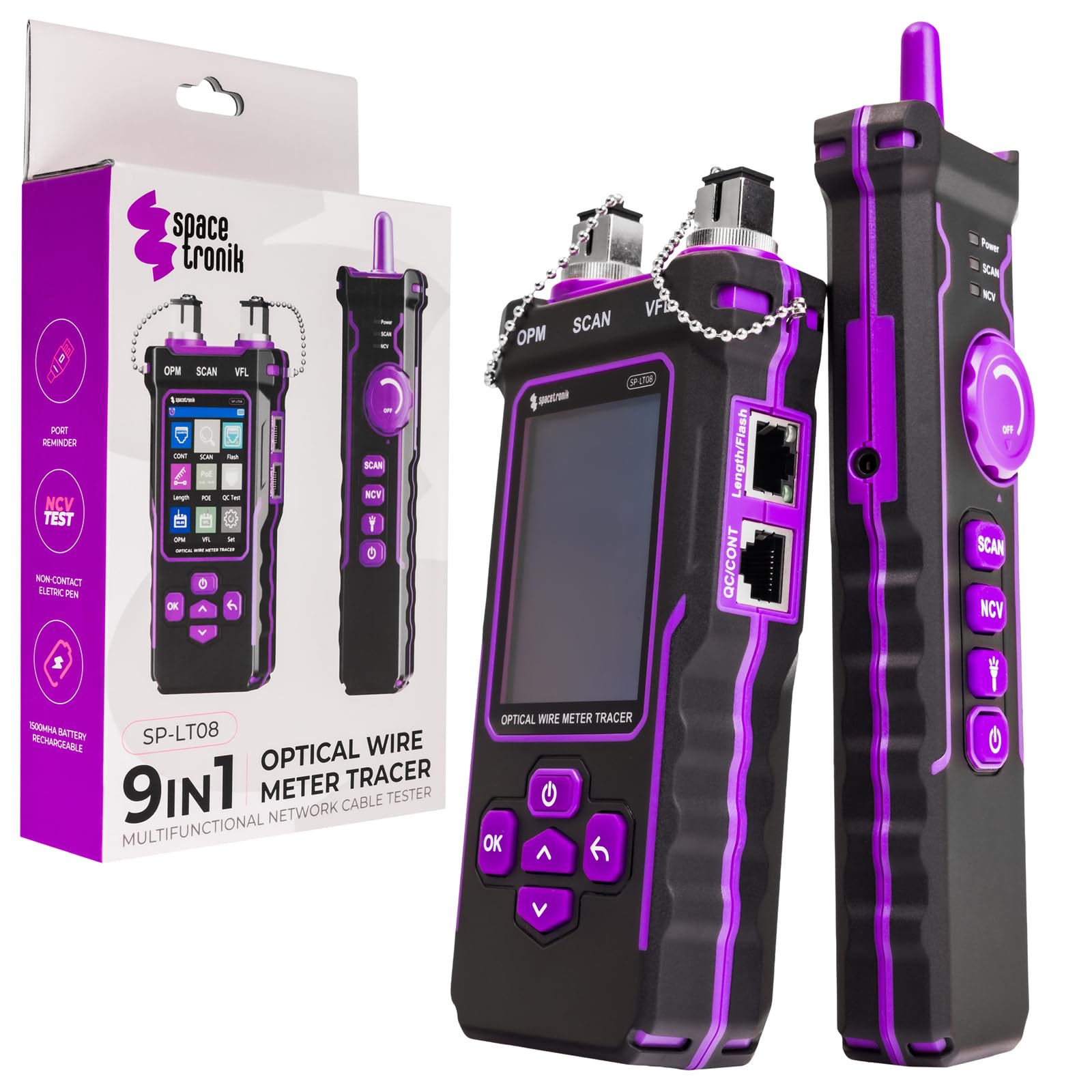 Spacetronik Tester de Cables de Red PoE Multifunción - Prueba de Fibra Óptica, Tester PoE con Detector NCV y Linterna LED - Medición Longitud de Cables CAT5/CAT6 hasta 200m, USB-C, Port-Flash